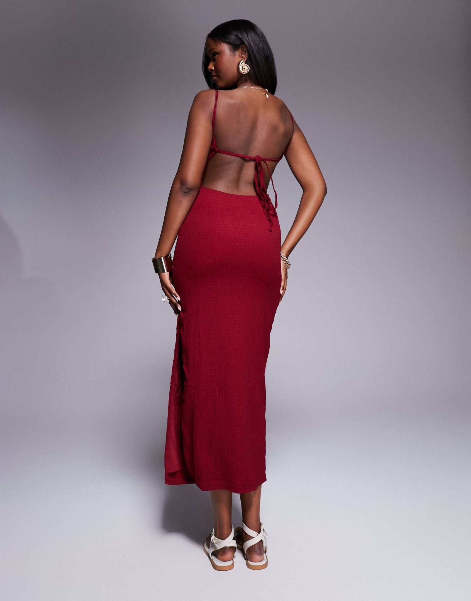 Princess Polly textured scoop neck open tie back bodycon midaxi dress in burgundy - ASOS Sample Sale