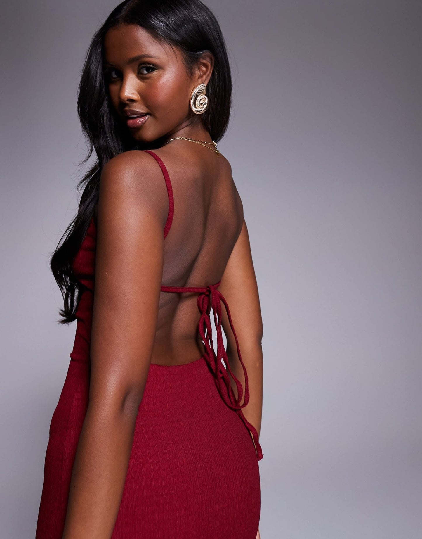 Princess Polly textured scoop neck open tie back bodycon midaxi dress in burgundy - ASOS Sample Sale