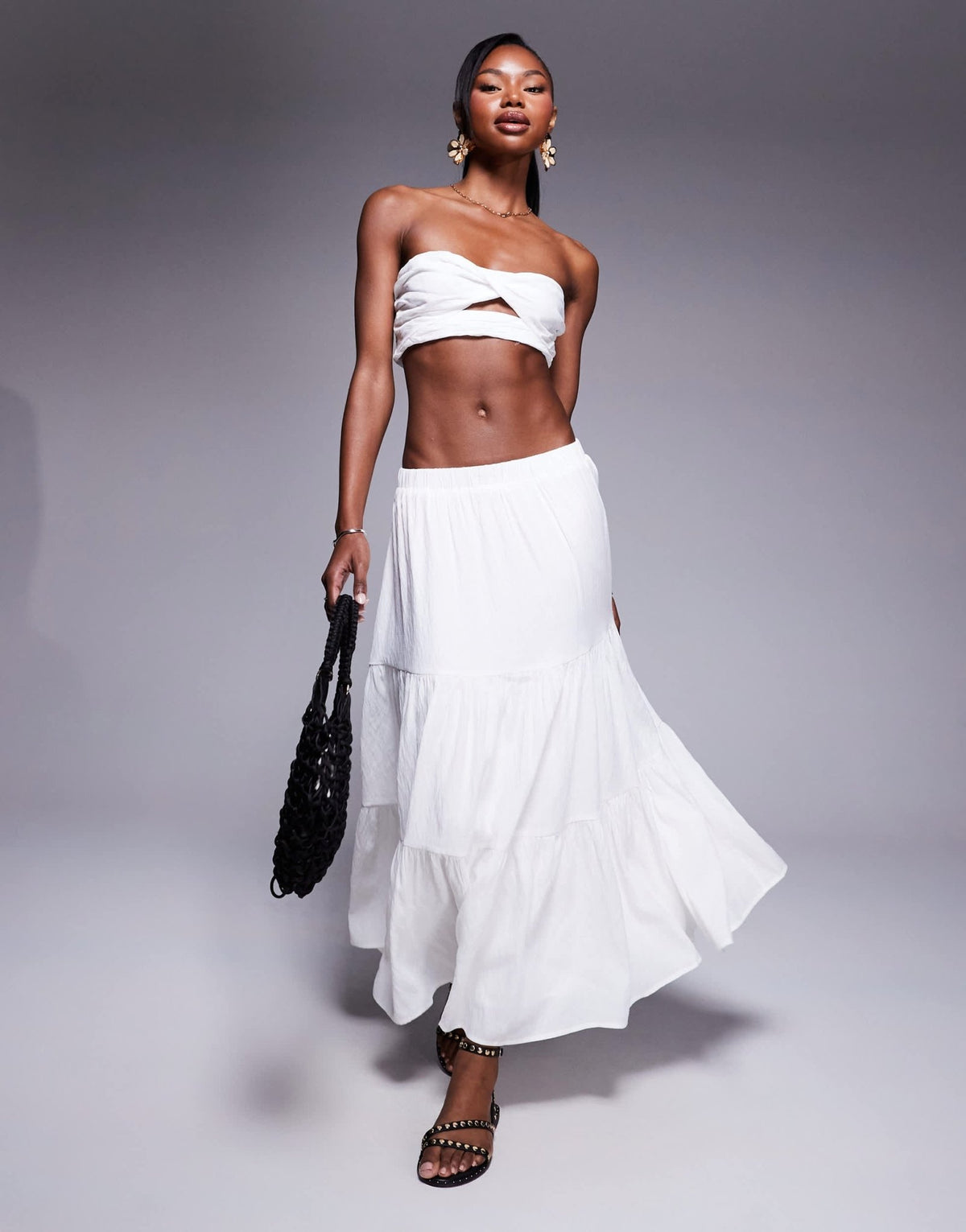 Princess Polly twist front bandeau crop top and tiered maxi skirt set in white - ASOS Sample Sale