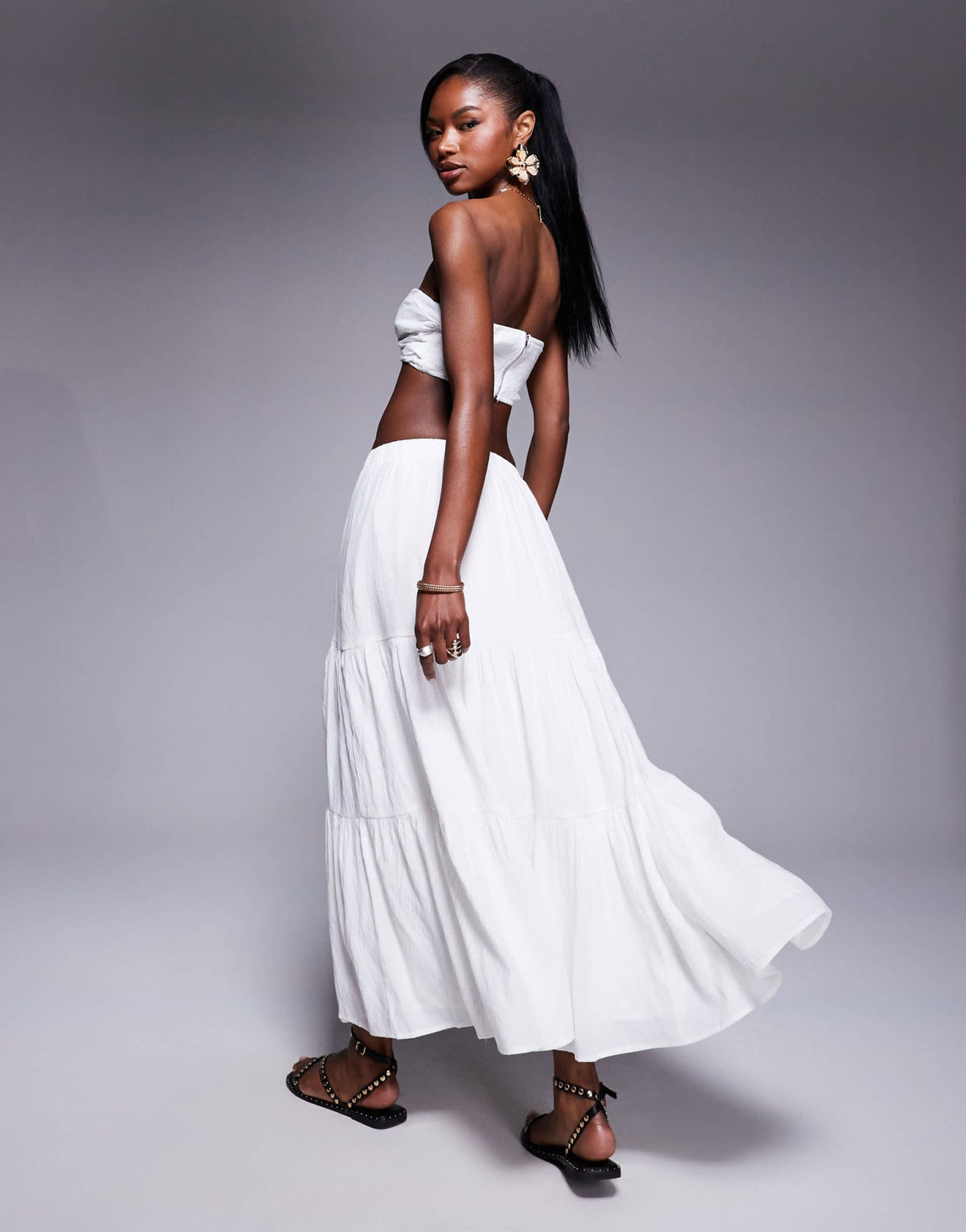 Princess Polly twist front bandeau crop top and tiered maxi skirt set in white - ASOS Sample Sale