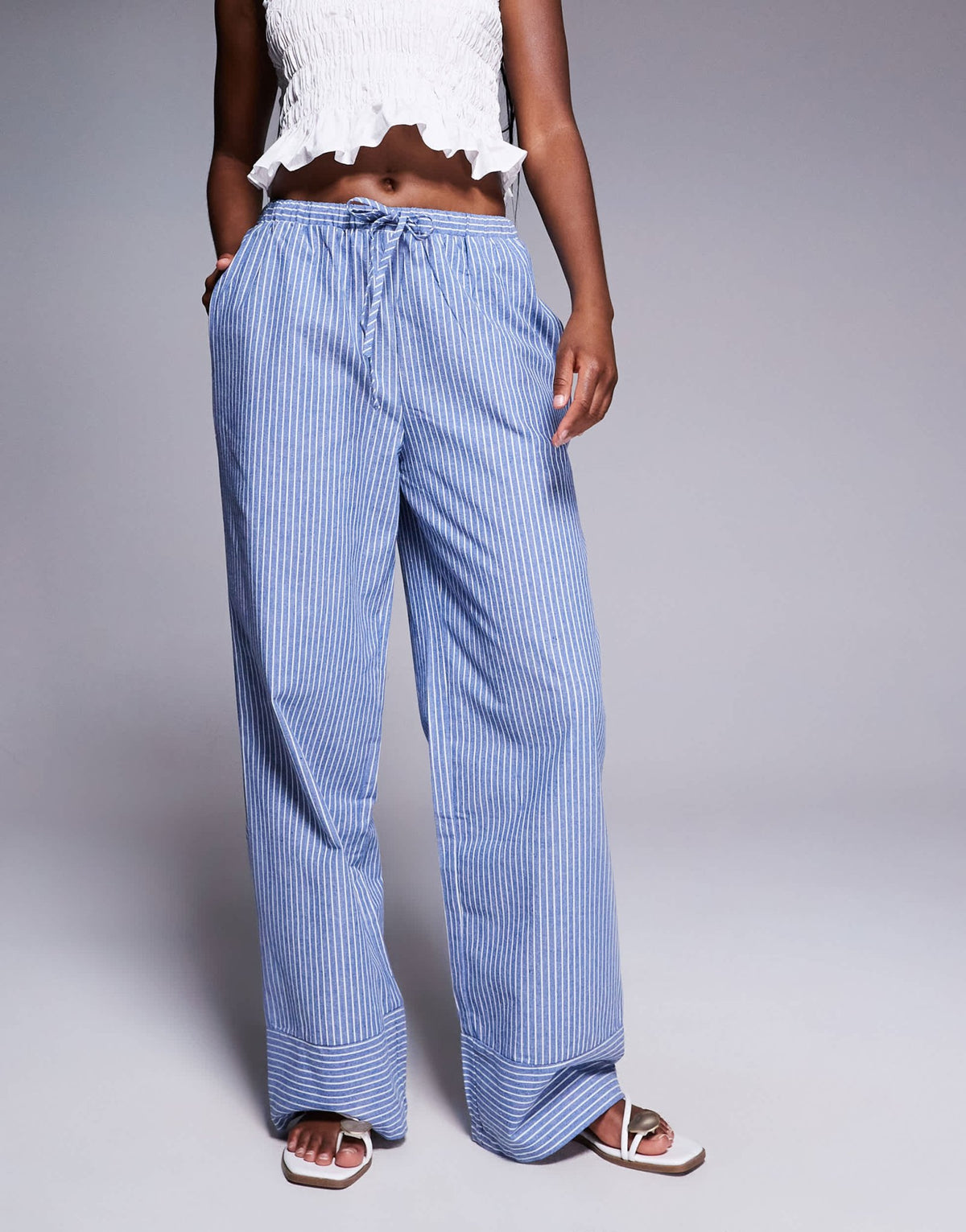 Princess Polly Veridian linen look drawstring waist wide leg trousers in blue stripe - ASOS Sample Sale