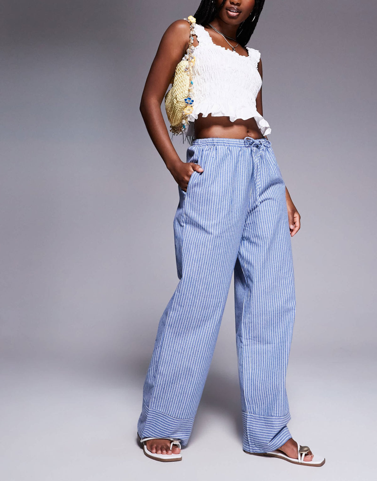 Princess Polly Veridian linen look drawstring waist wide leg trousers in blue stripe - ASOS Sample Sale