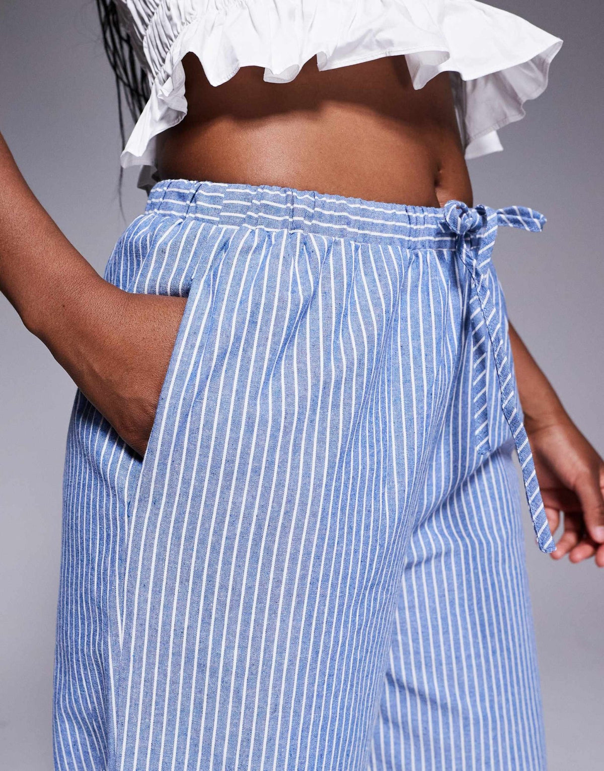 Princess Polly Veridian linen look drawstring waist wide leg trousers in blue stripe - ASOS Sample Sale