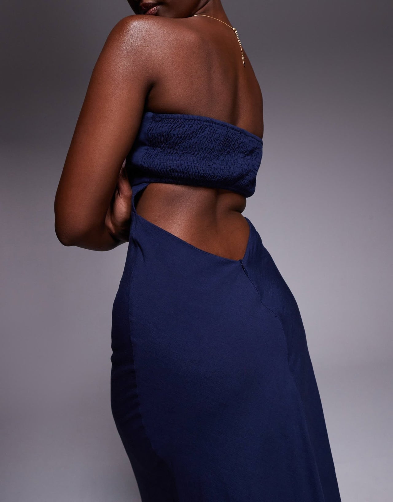 Princess Polly Yahir linen bandeau shirred back cut out detail maxi dress in navy - ASOS Sample Sale