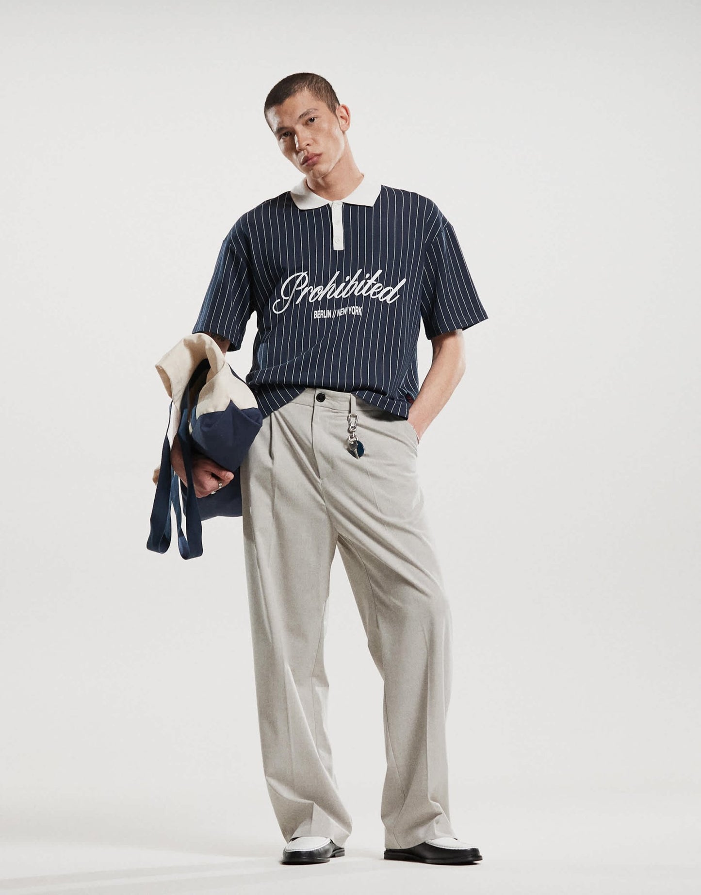 Prohibited collar logo detail football inspired 250gsm shirt in navy stripe - ASOS Sample Sale