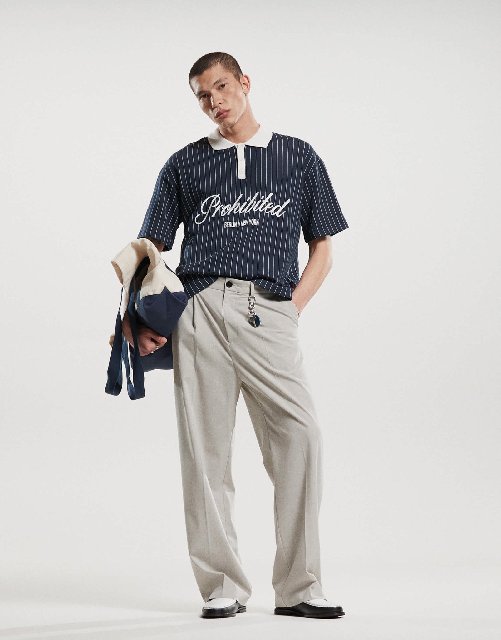 Prohibited collar logo detail football inspired 250gsm shirt in navy stripe - ASOS Sample Sale