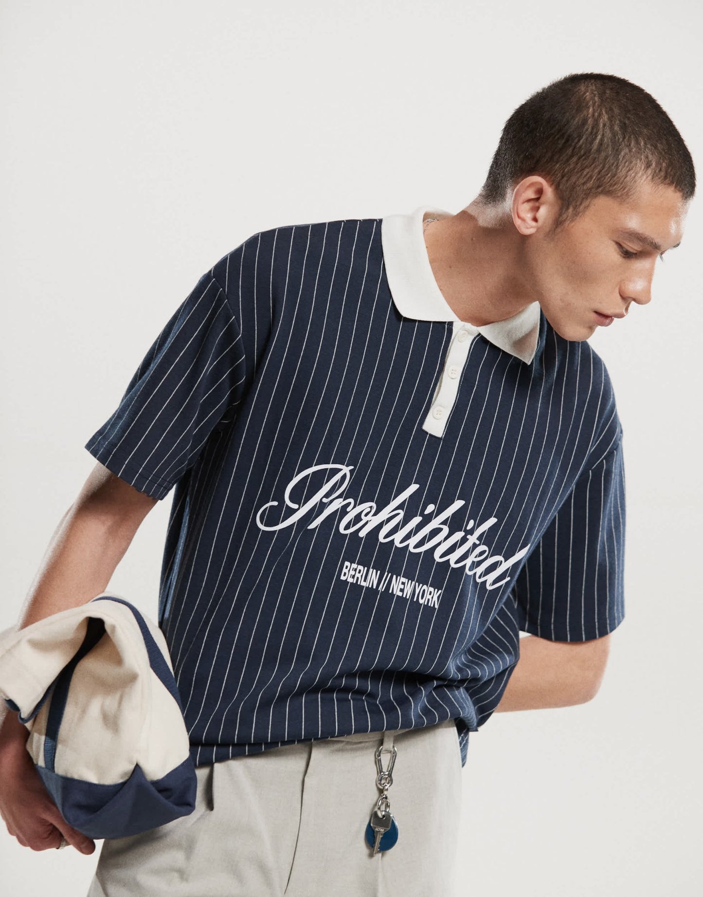 Prohibited collar logo detail football inspired 250gsm shirt in navy stripe - ASOS Sample Sale