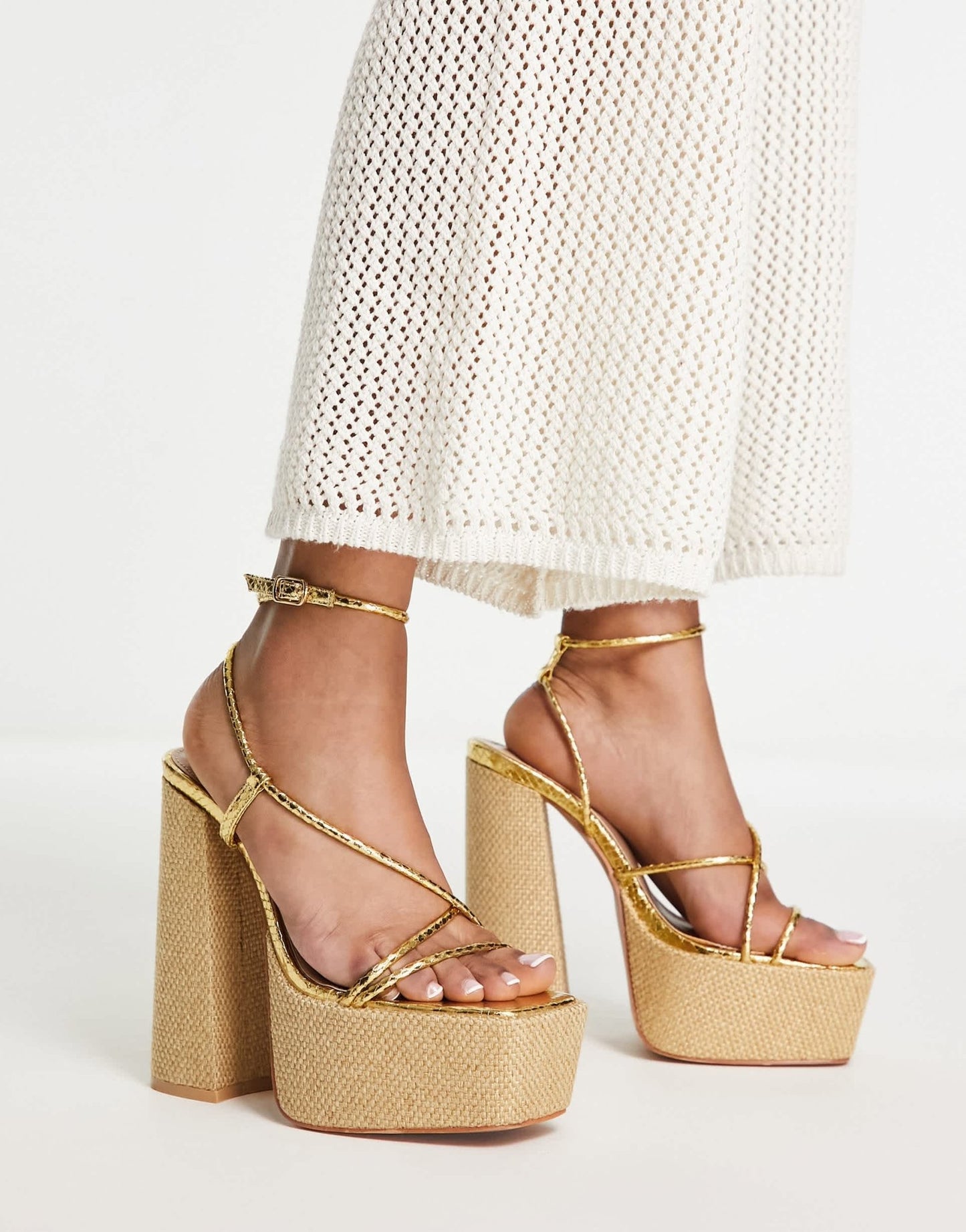 Public Desire Blissful raffia strappy platforms in gold - ASOS Sample Sale