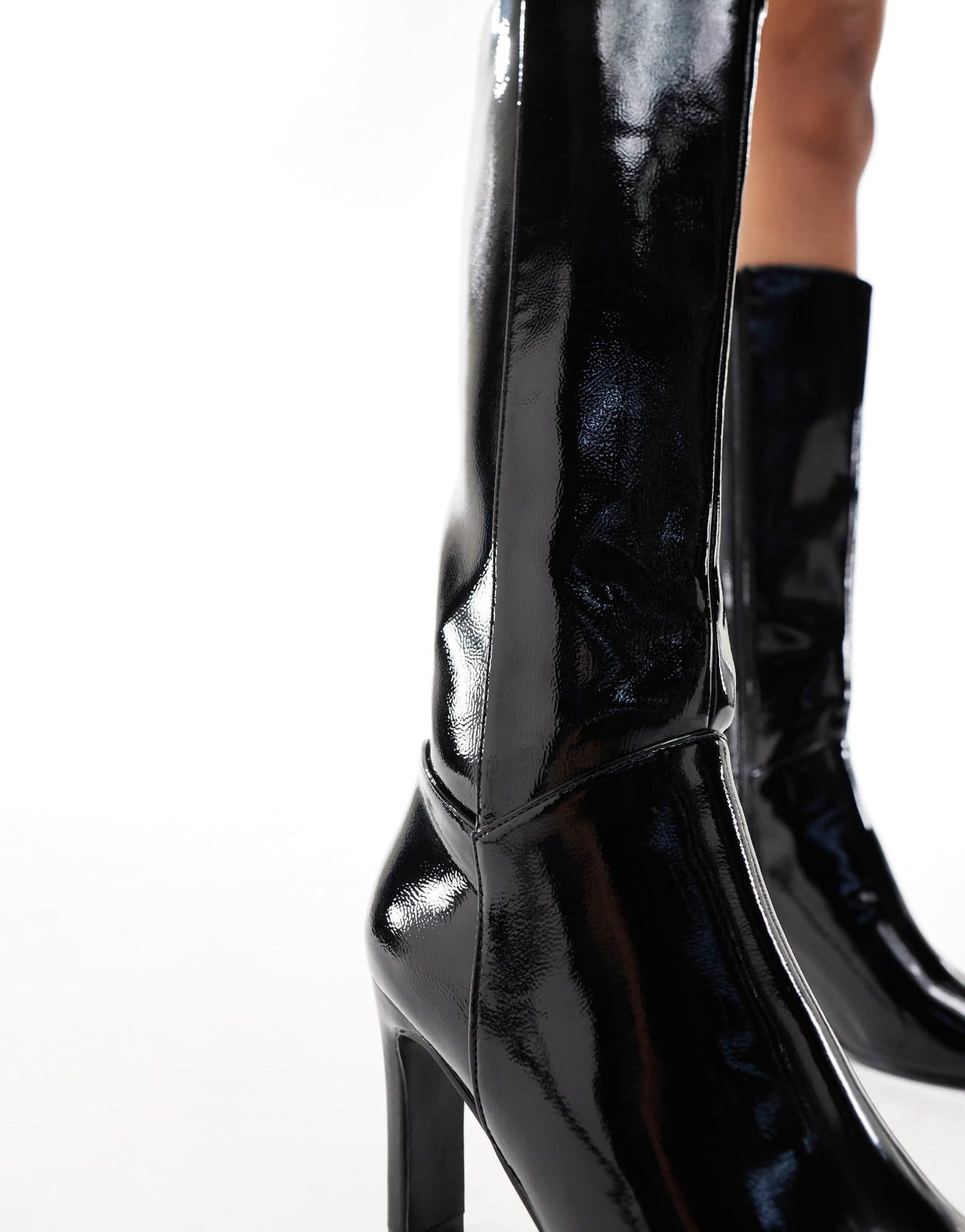Public Desire Pose heeled knee boots in black patent - ASOS Sample Sale