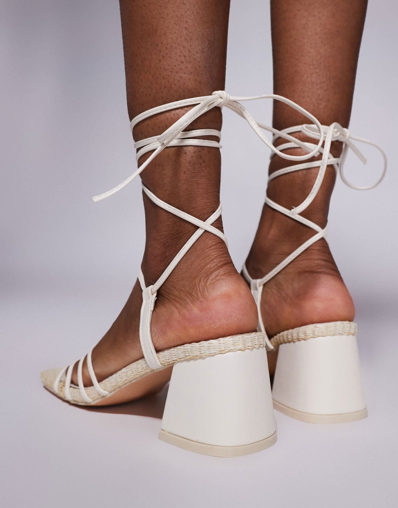 Public Desire Saffira mid heeled sandal with ankle ties in cream - ASOS Sample Sale