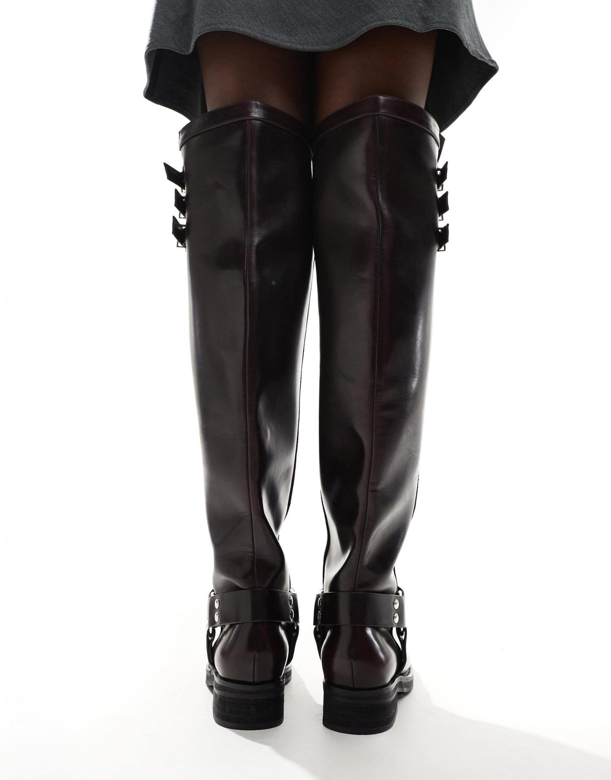 Public Desire Sagitarrius flat over the knee harness boots in burgundy - ASOS Sample Sale