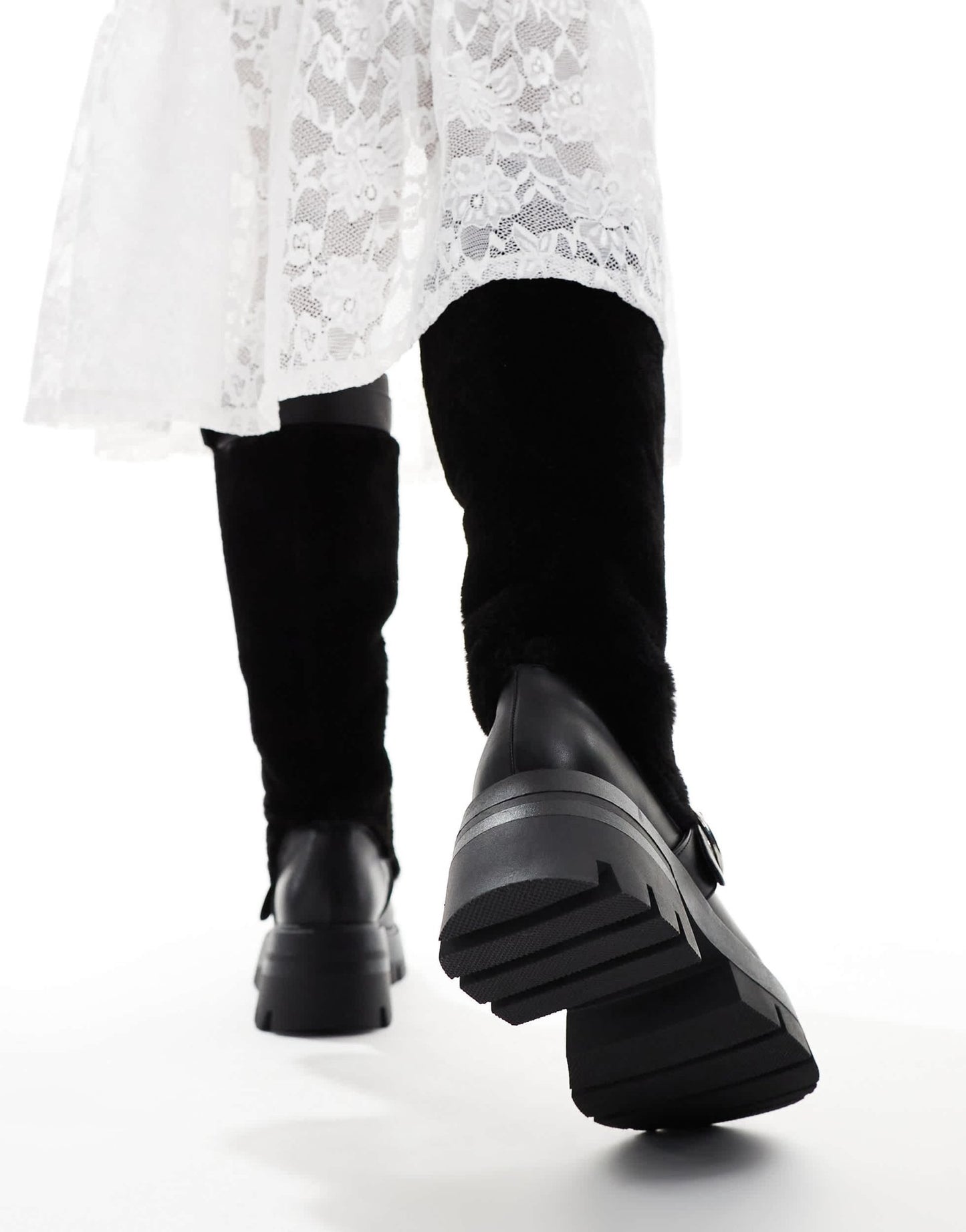 Public Desire Switch Up fluffy fur knee boots with buckles in black - ASOS Sample Sale