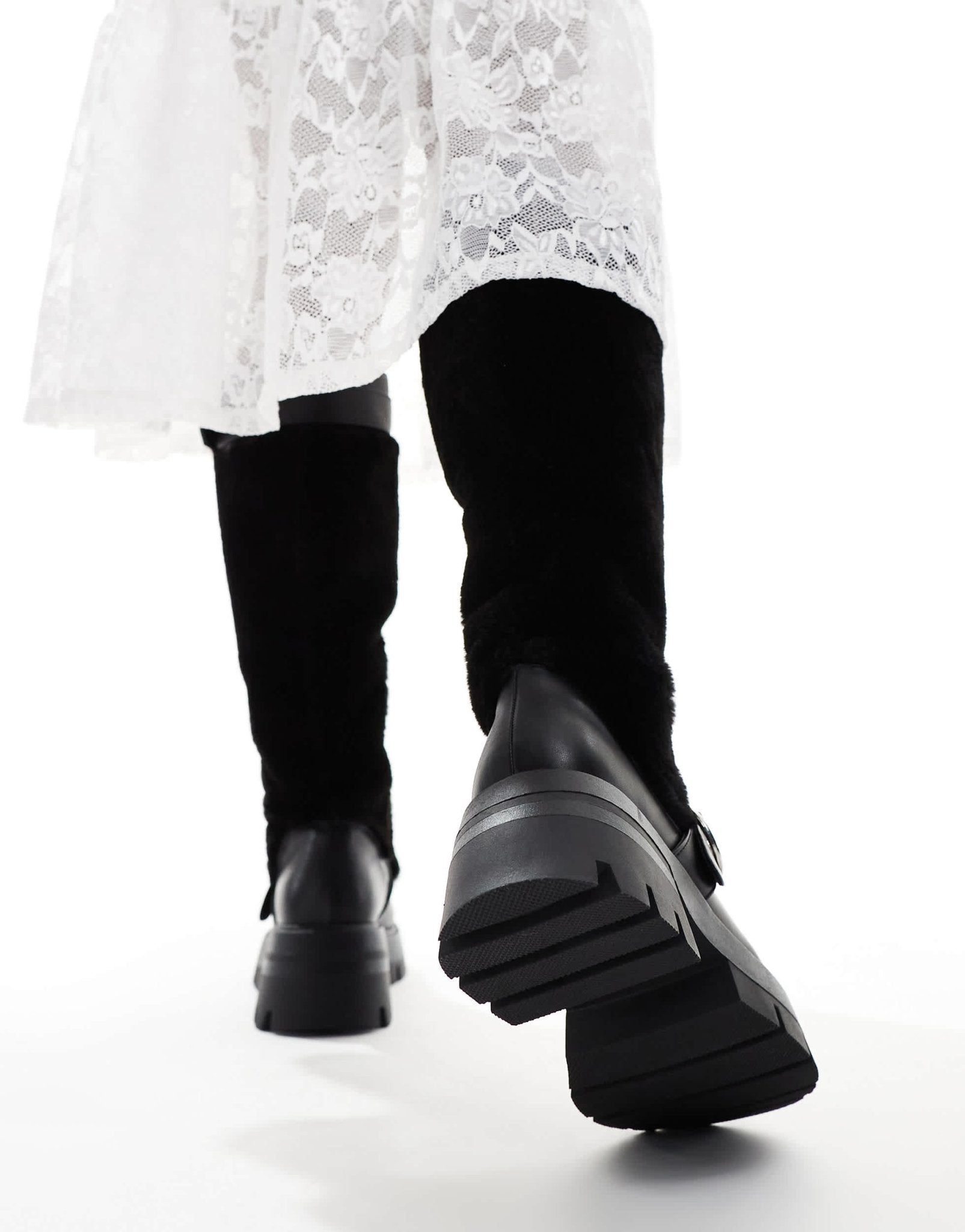 Public Desire Switch Up fluffy fur knee boots with buckles in black - ASOS Sample Sale