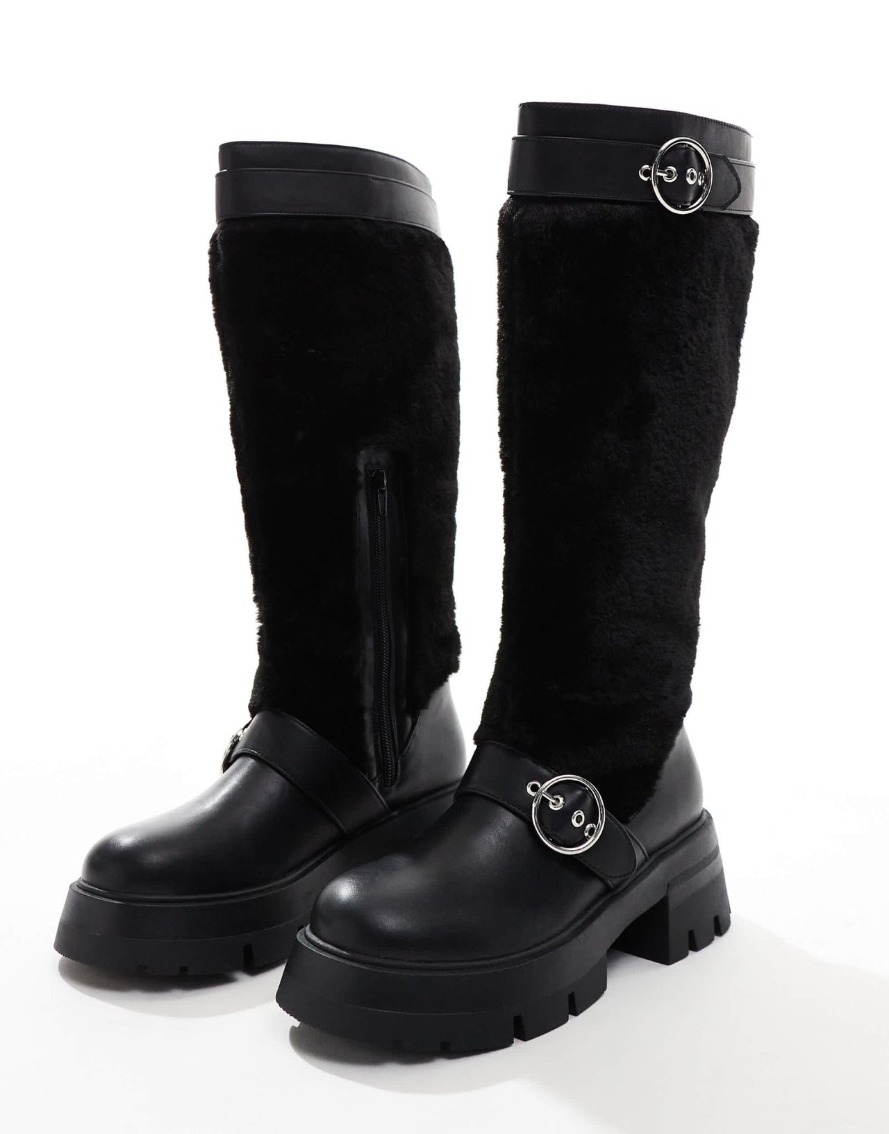 Public Desire Switch Up fluffy fur knee boots with buckles in black - ASOS Sample Sale