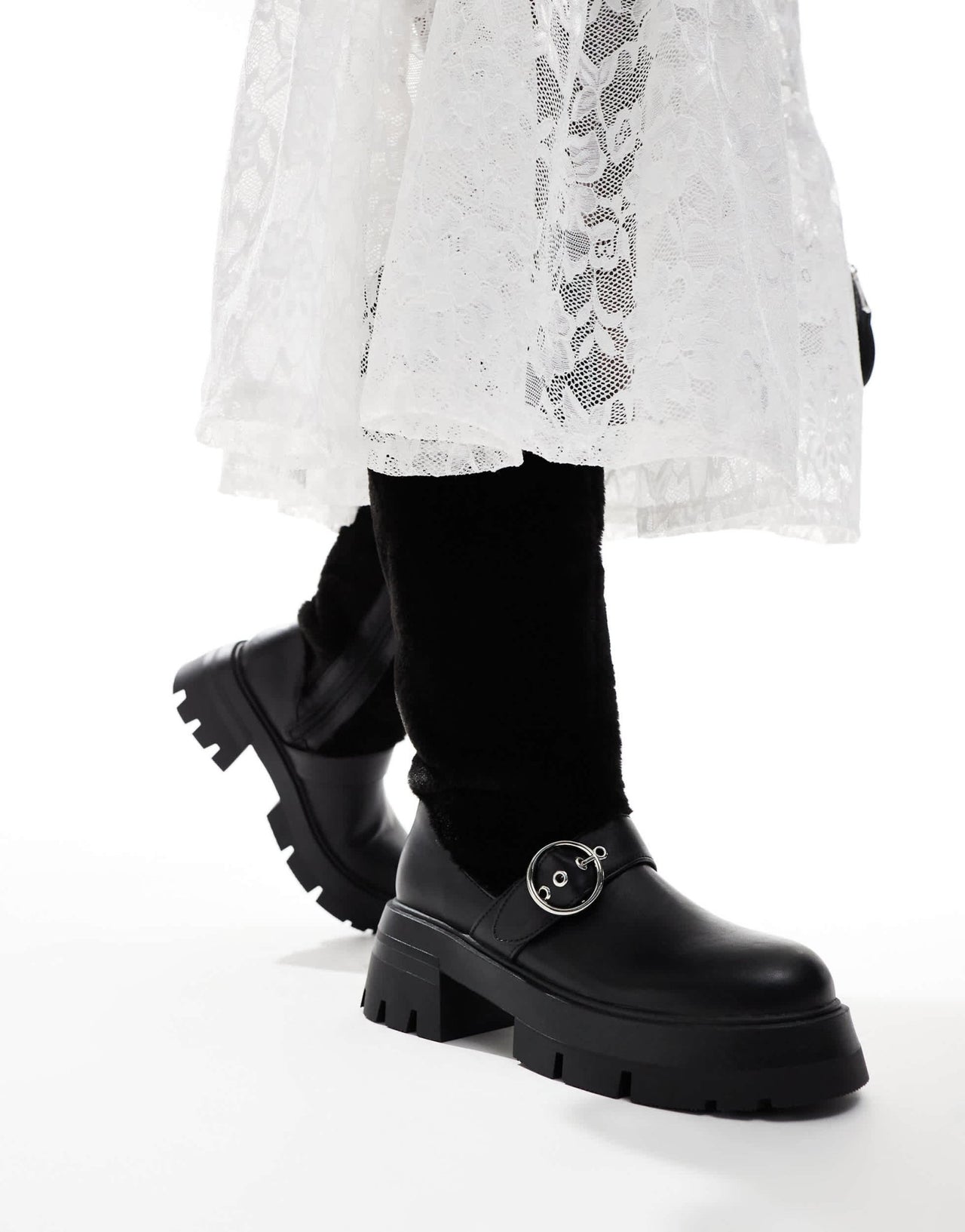 Public Desire Switch Up fluffy fur knee boots with buckles in black - ASOS Sample Sale