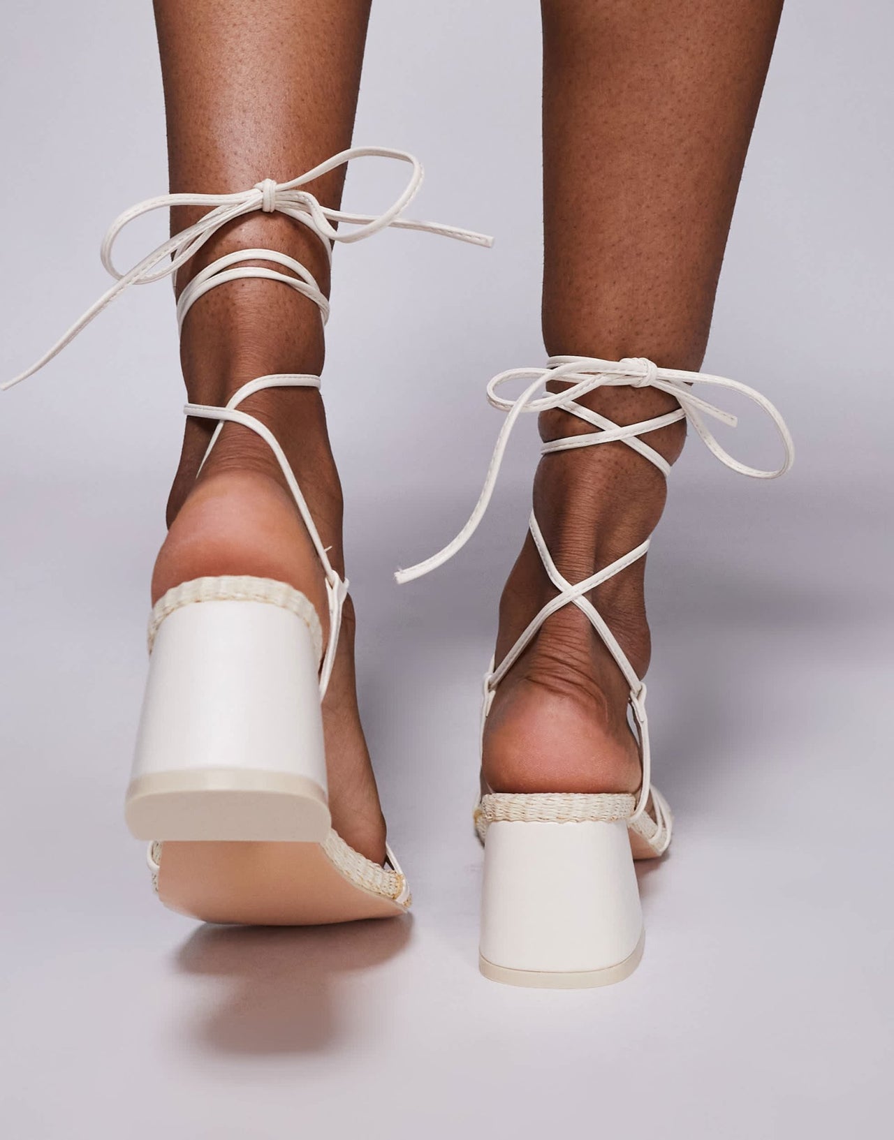Public Desire Wide Fit Saffira mid heeled sandal with ankle ties in cream - ASOS Sample Sale