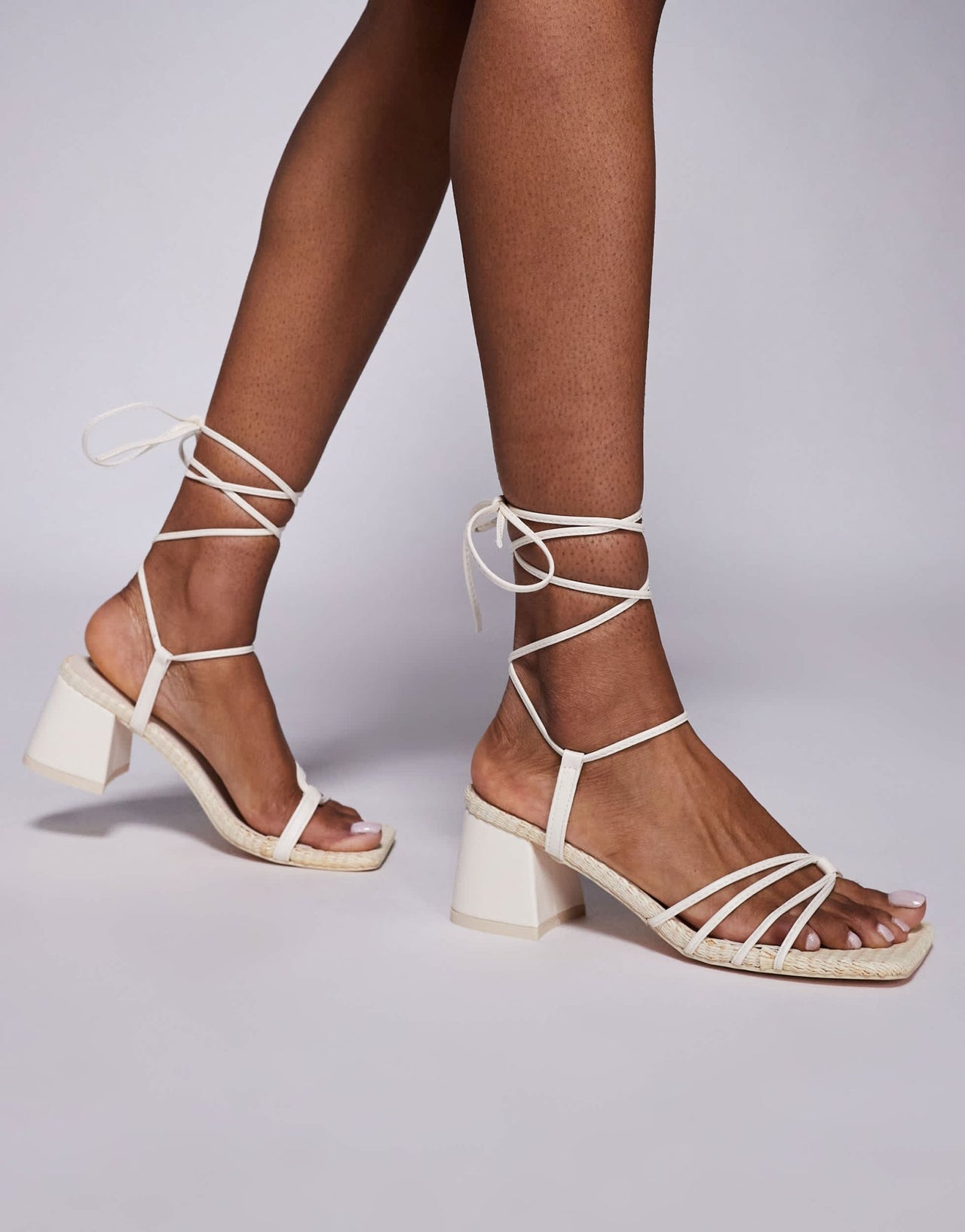 Public Desire Wide Fit Saffira mid heeled sandal with ankle ties in cream - ASOS Sample Sale