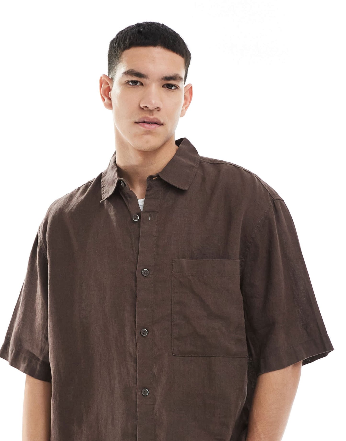 Pull&Bear 100% linen co-ord shirt in brown - ASOS Sample Sale