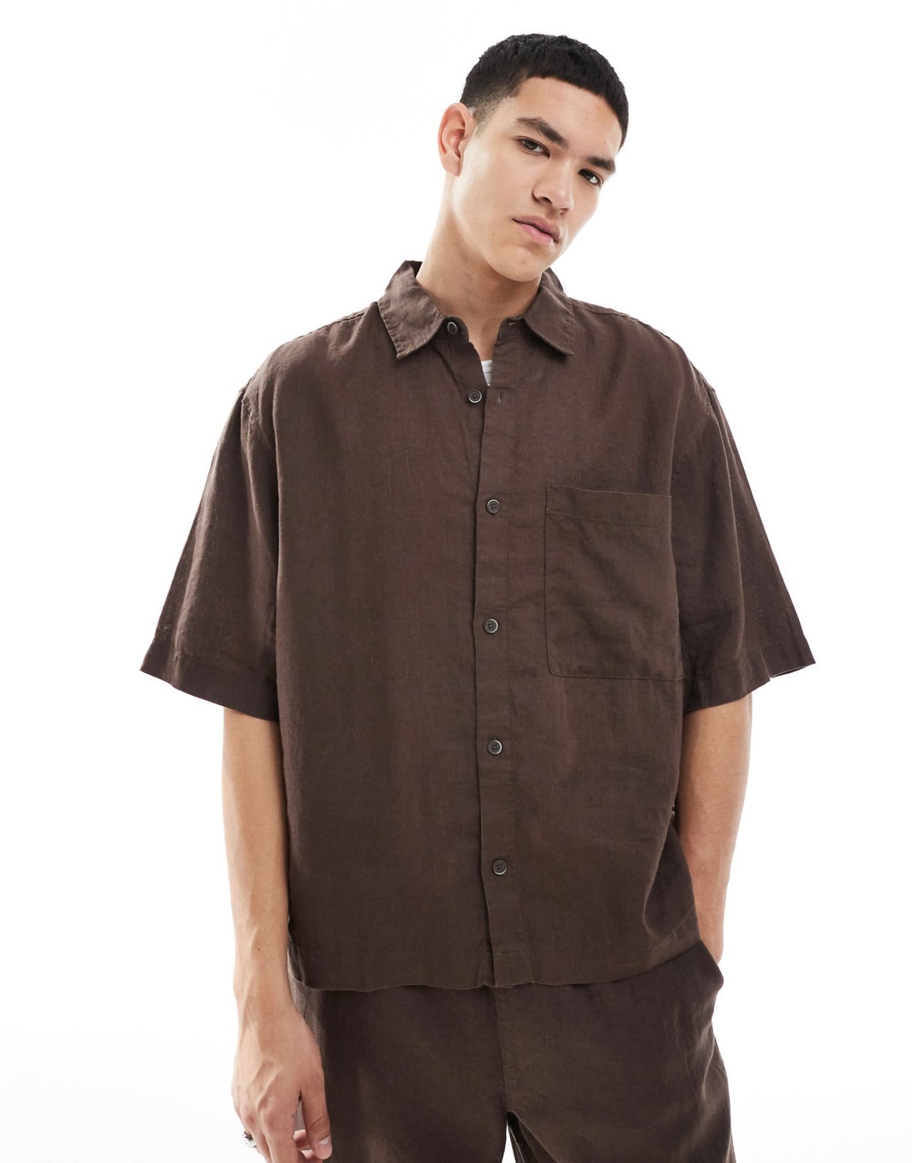 Pull&Bear 100% linen co-ord shirt in brown - ASOS Sample Sale
