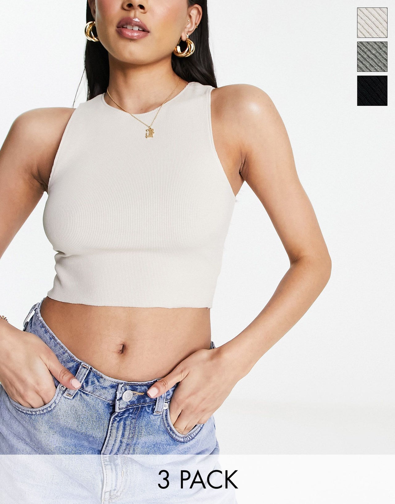 Pull&Bear 3 pack ribbed racer neck cropped top ecru, khaki & black - ASOS Sample Sale