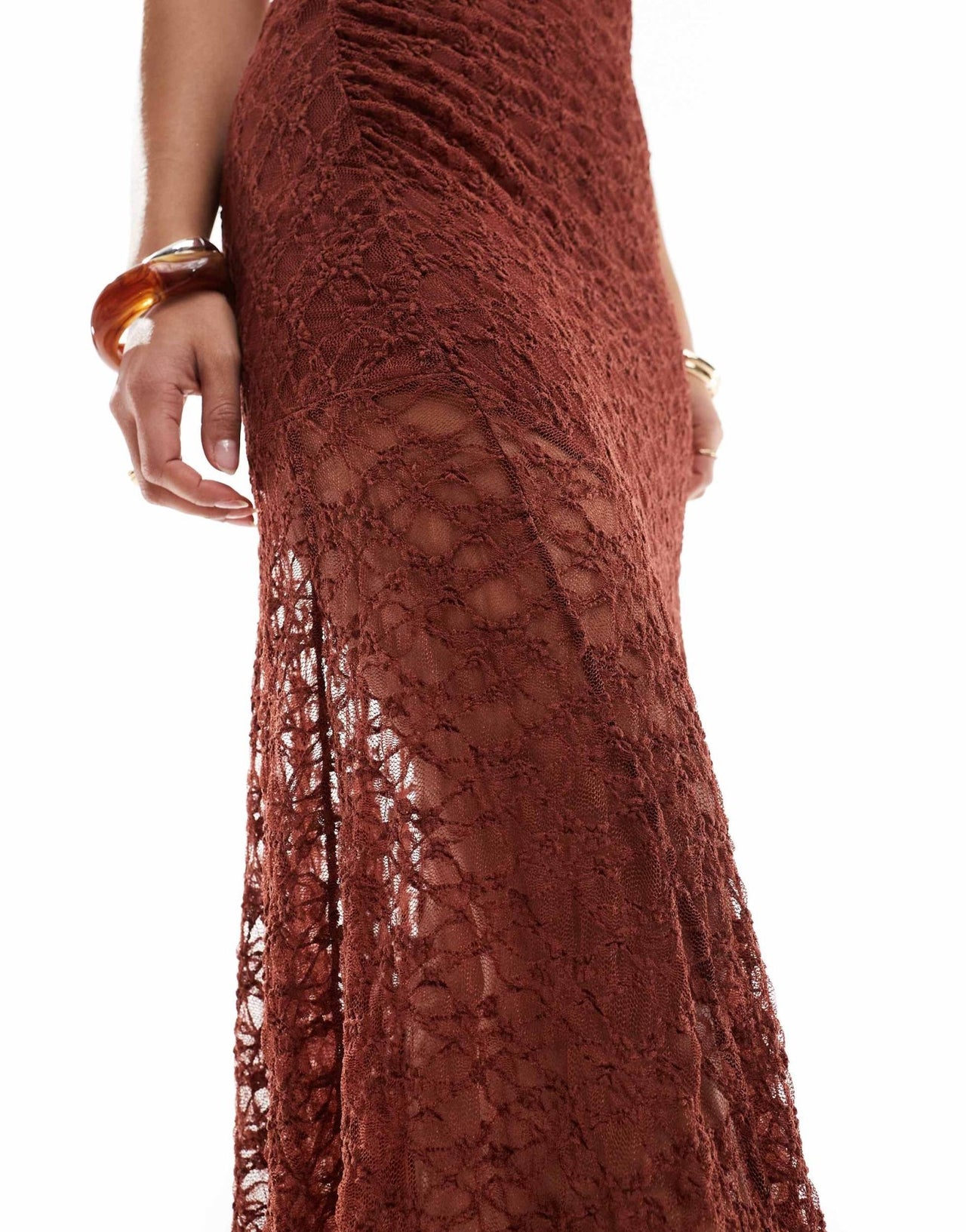 Pull&Bear asymmetric hem lace maxi dress in burnt orange - ASOS Sample Sale