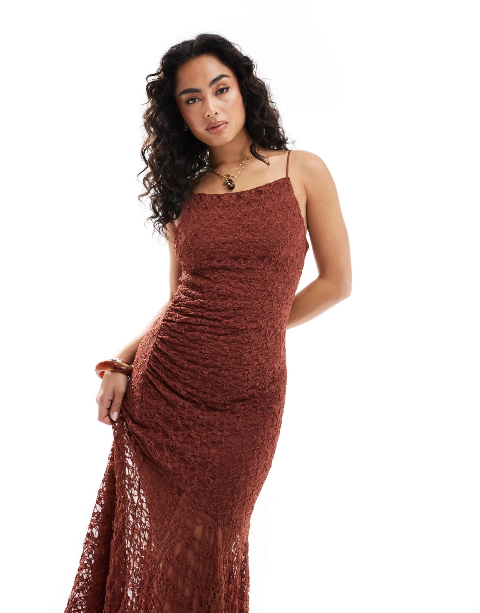 Pull&Bear asymmetric hem lace maxi dress in burnt orange - ASOS Sample Sale