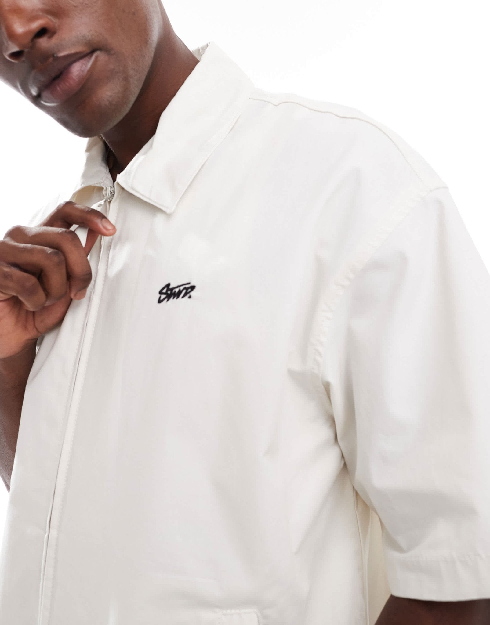 Pull&Bear back embroidered zip through shirt in ecru - ASOS Sample Sale