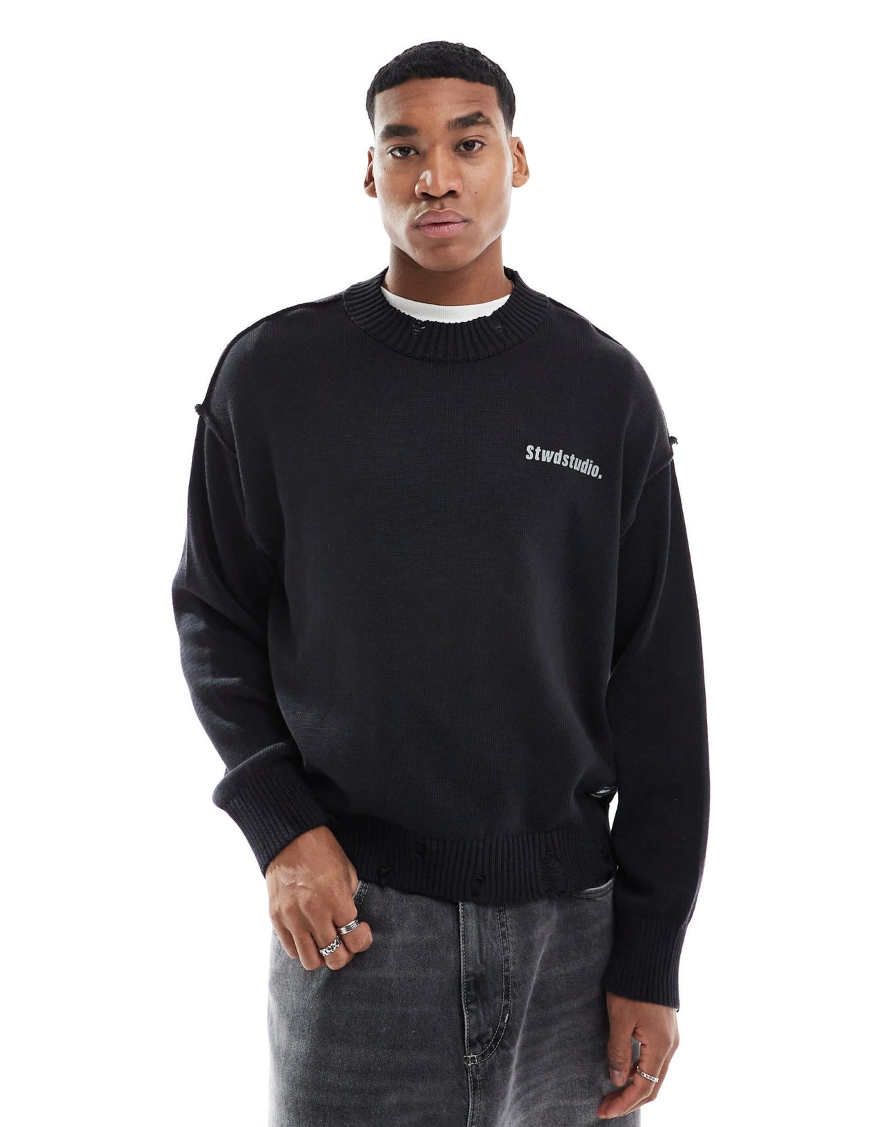 Pull&Bear back graphic knitted jumper in washed black - ASOS Sample Sale