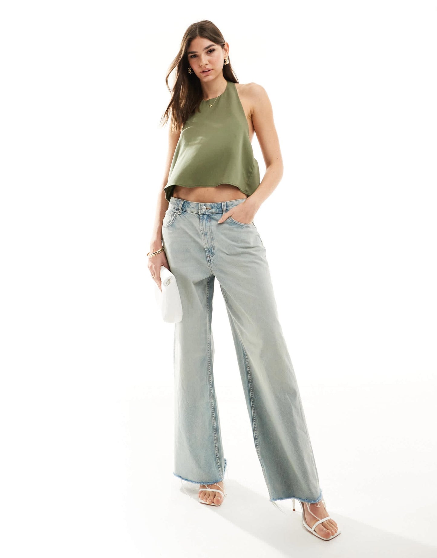 Pull&Bear backless halterneck tie back top in khaki - ASOS Sample Sale