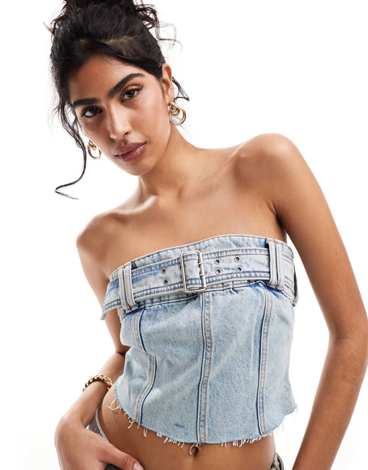 Pull&Bear belt detail denim corset top co-ord in mid blue - ASOS Sample Sale