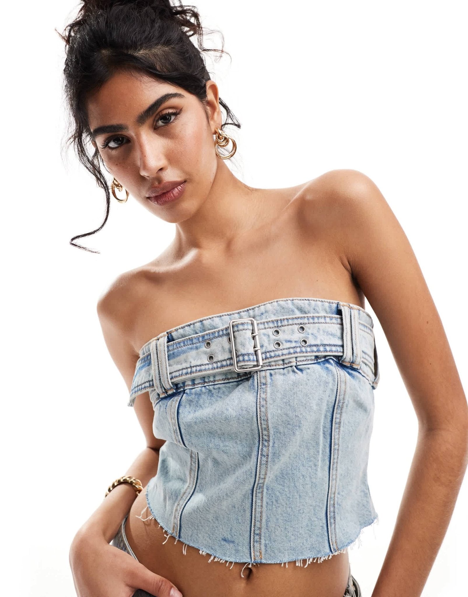 Pull&Bear belt detail denim corset top co-ord in mid blue - ASOS Sample Sale