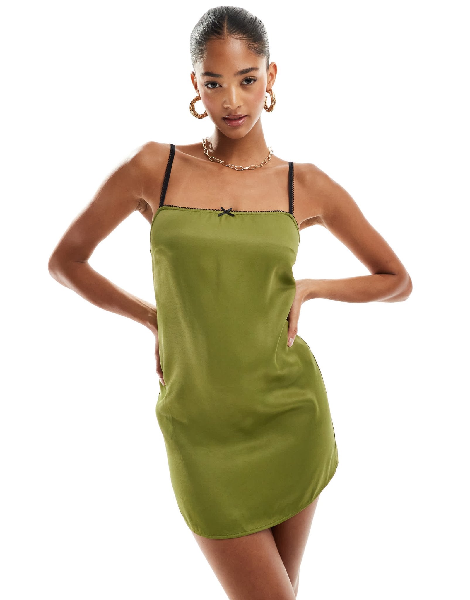 Pull&Bear bow detail strappy satin mini dress in olive green - ASOS Sample Sale