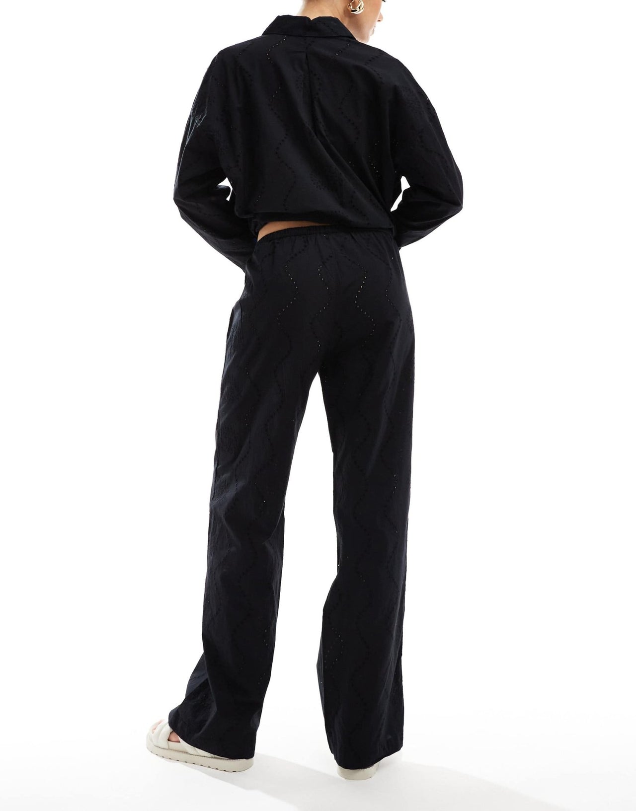 Pull&Bear broderie drawstring waist trouser co-ord in black - ASOS Sample Sale