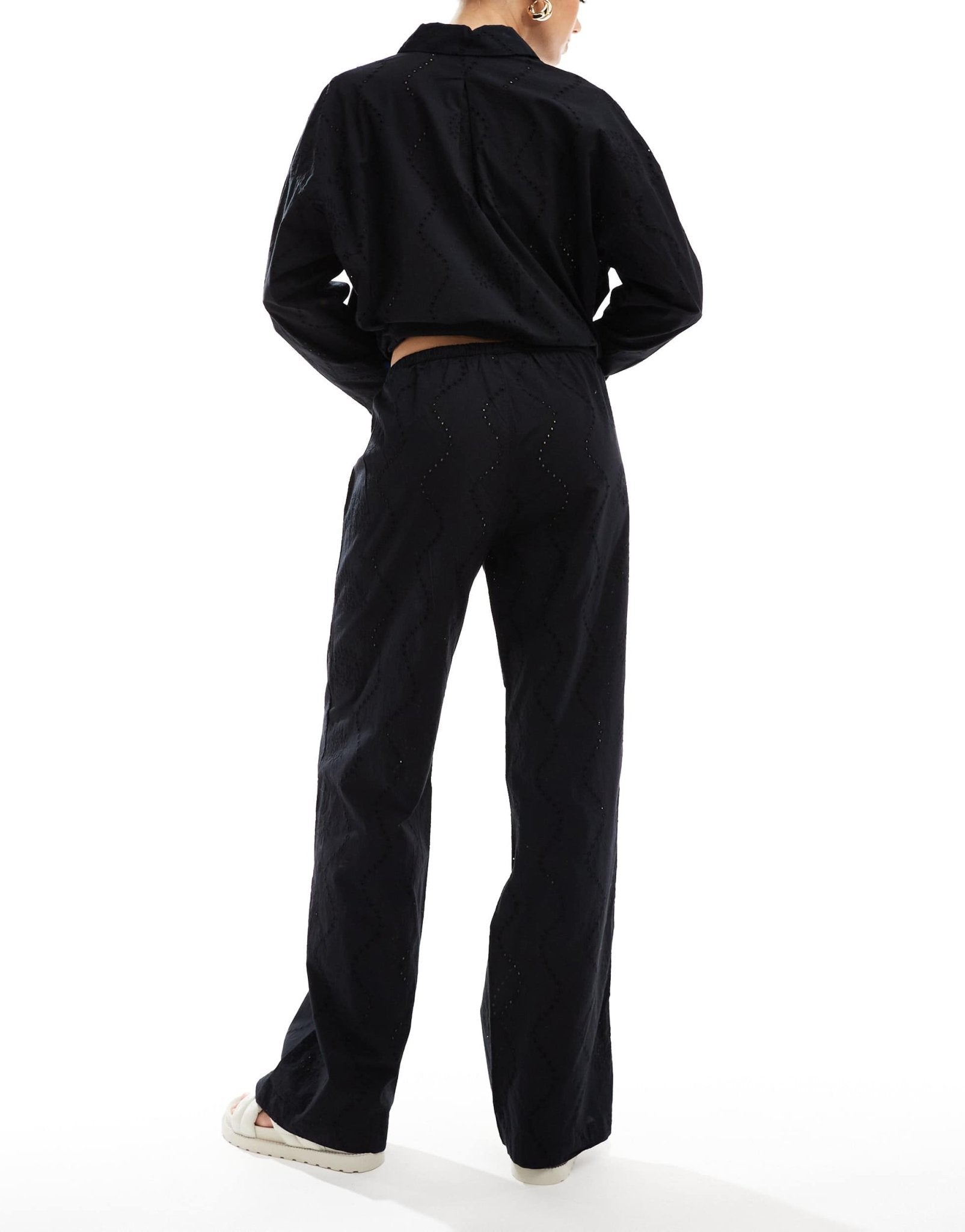 Pull&Bear broderie drawstring waist trouser co-ord in black - ASOS Sample Sale