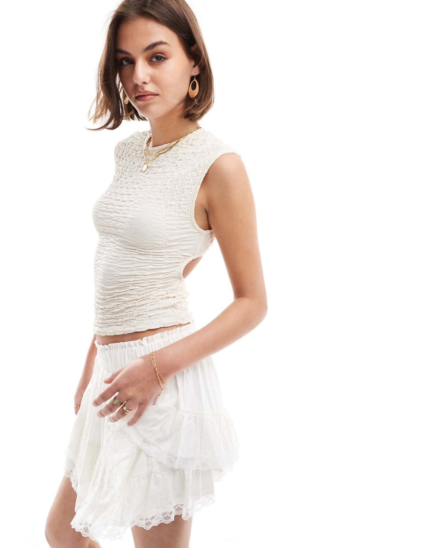 Pull&Bear bubble texture cut out back top in sand - ASOS Sample Sale