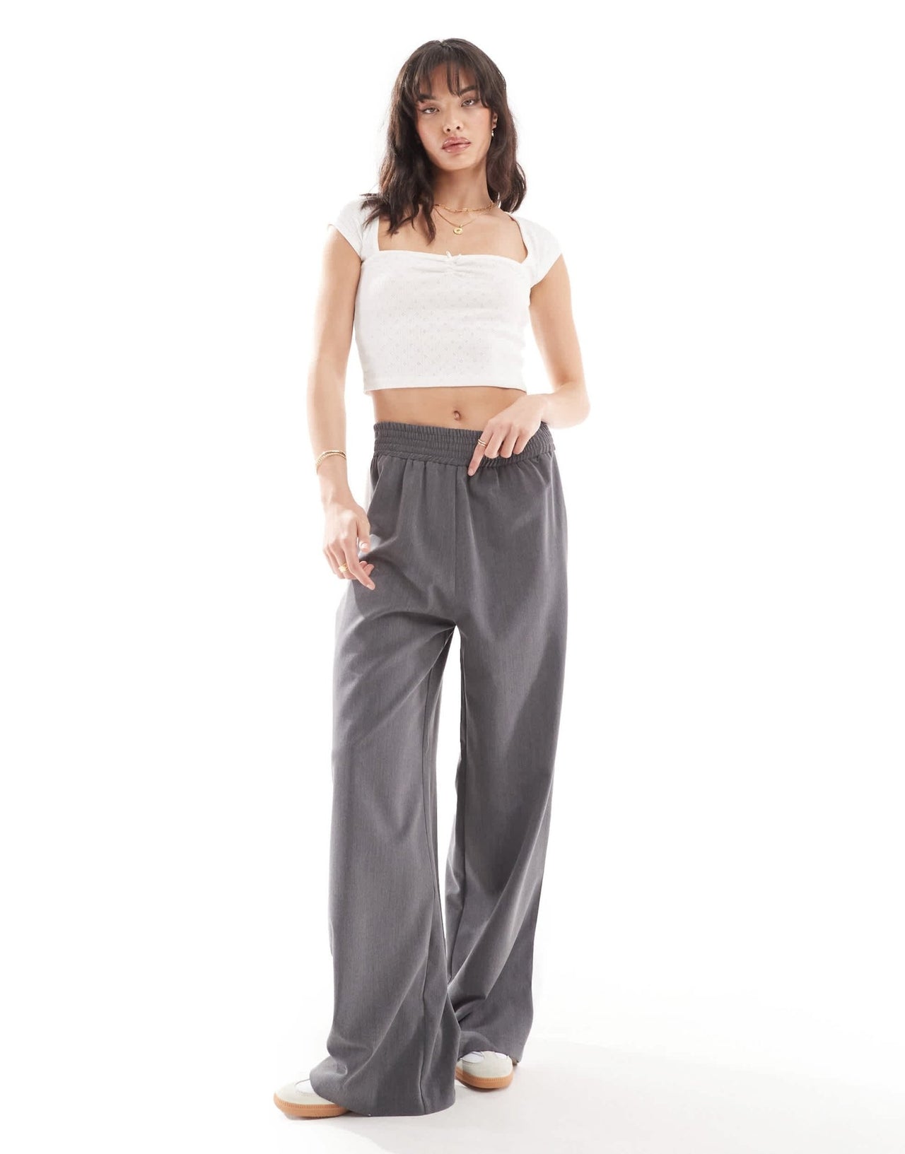 Pull&Bear capped sleeve pointelle detail top in white - ASOS Sample Sale