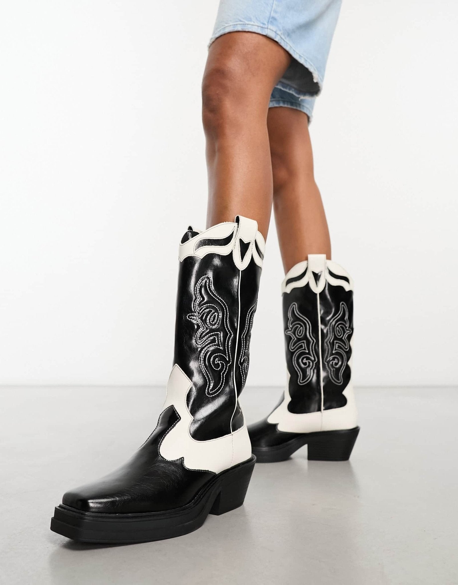 Pull&Bear contrast panel western boot in black - ASOS Sample Sale