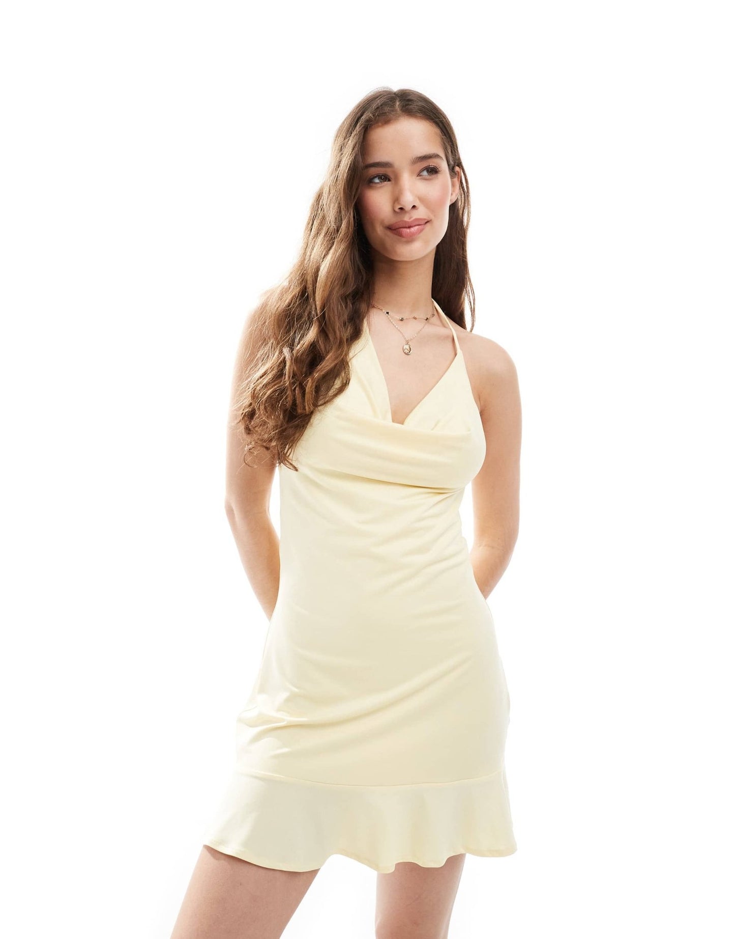 Pull&Bear cowl halterneck mini dress in pale yellow - ASOS Sample Sale