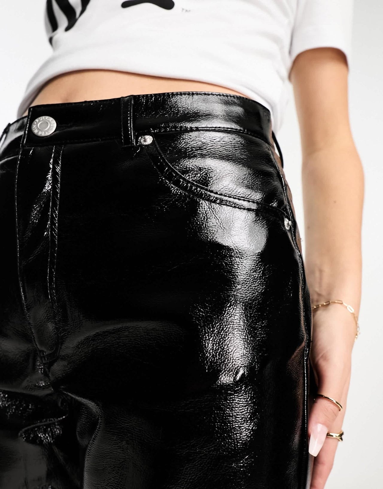 Pull&Bear crackle finish vinyl trouser in black - ASOS Sample Sale