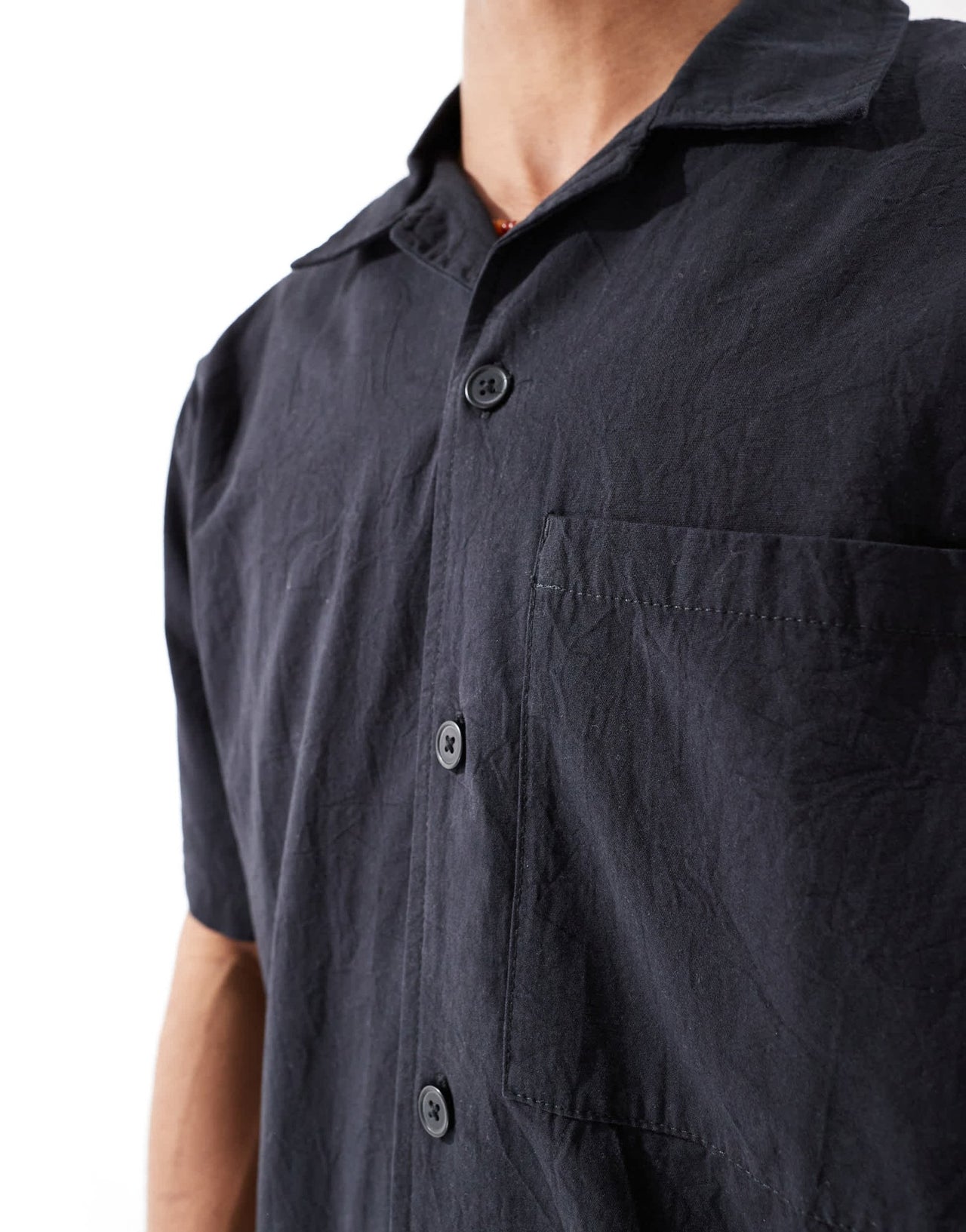 Pull&Bear crinkle textured revere collar shirt in black - ASOS Sample Sale