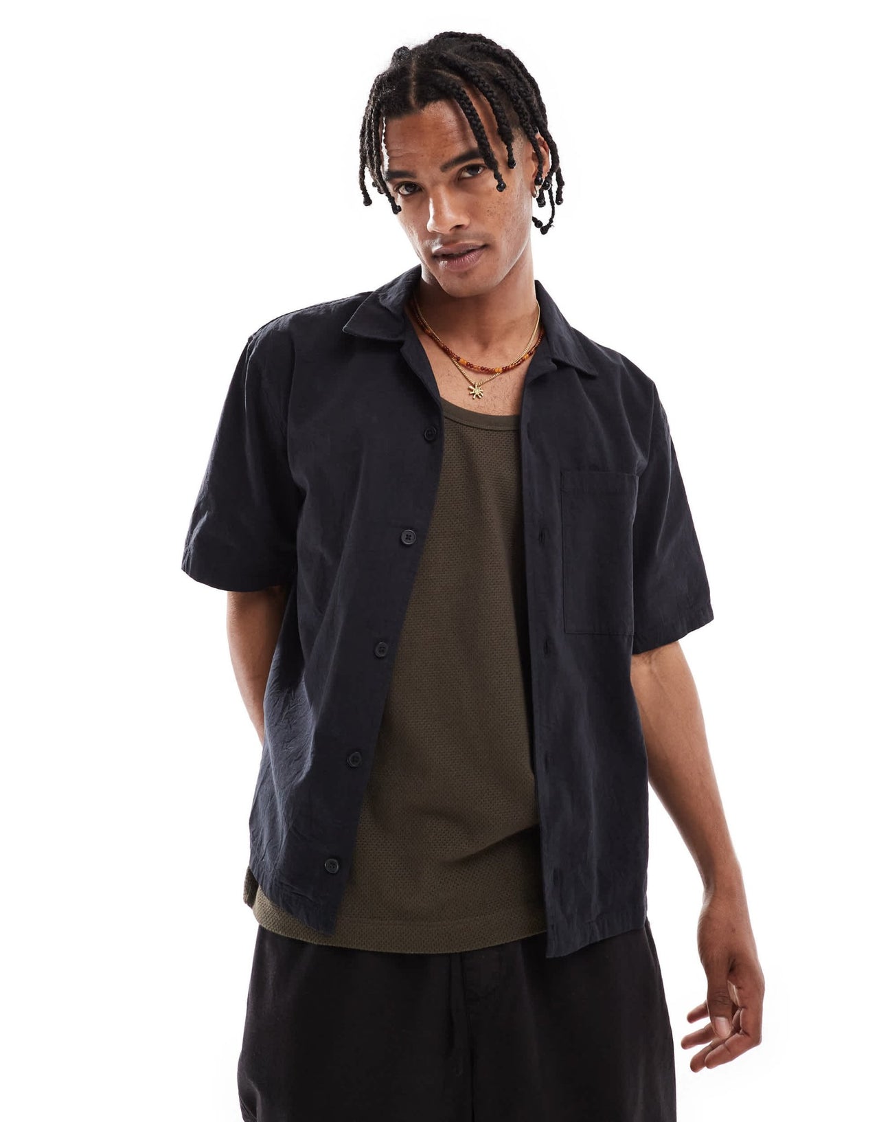 Pull&Bear crinkle textured revere collar shirt in black - ASOS Sample Sale