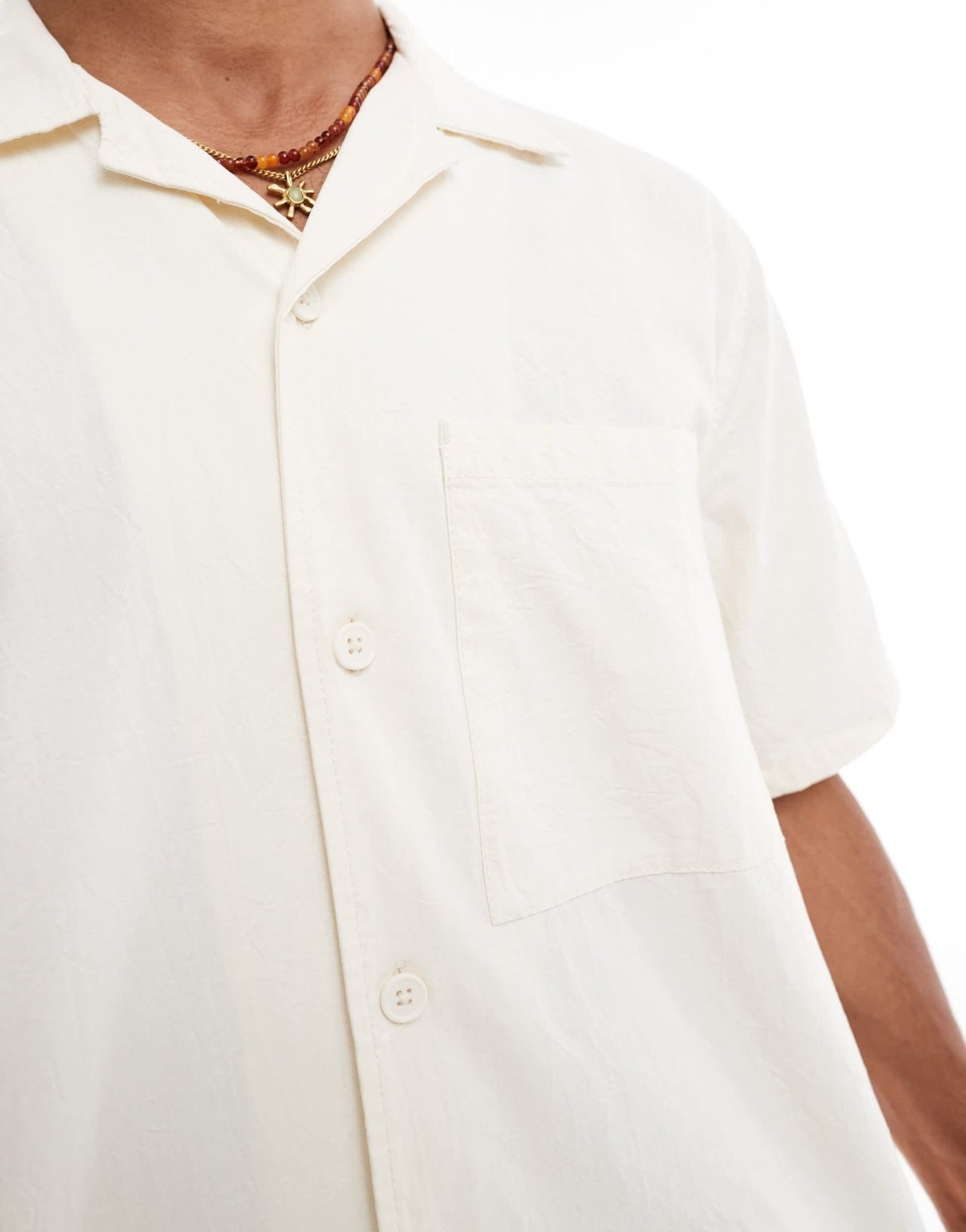 Pull&Bear crinkle textured revere collar shirt in ecru - ASOS Sample Sale