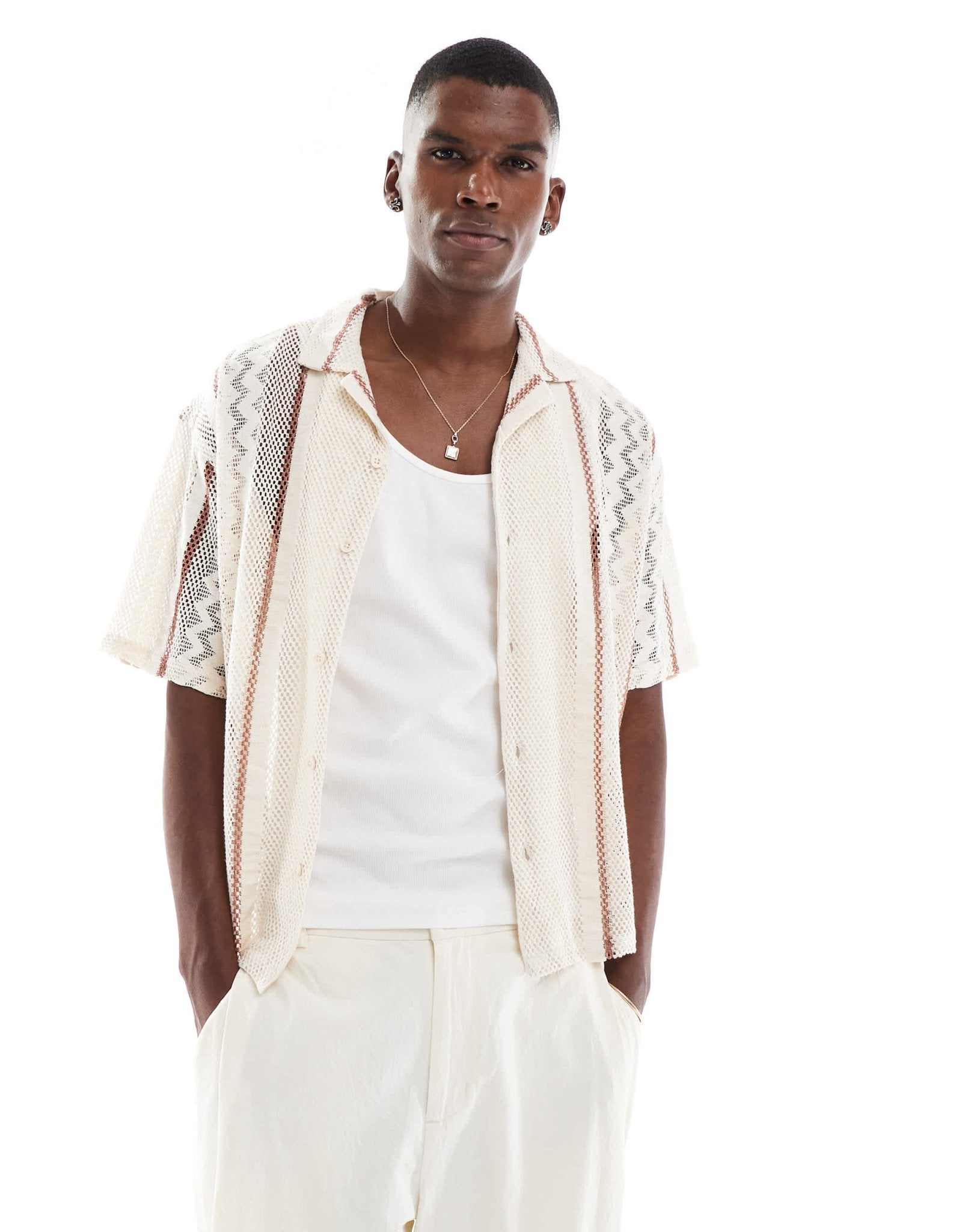 Pull&Bear crochet knitted shirt in ecru - ASOS Sample Sale