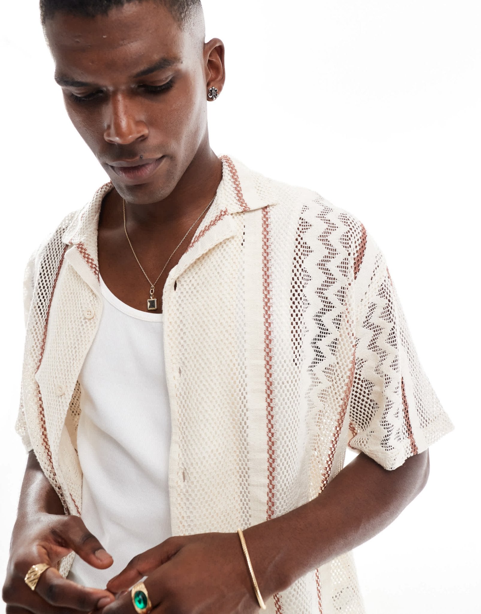 Pull&Bear crochet knitted shirt in ecru - ASOS Sample Sale