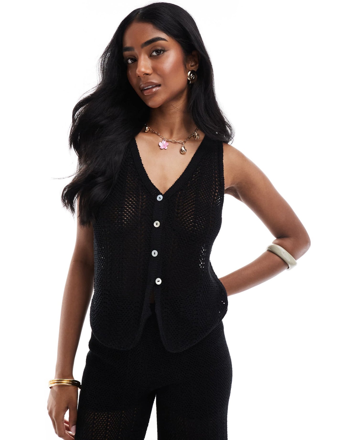 Pull&Bear crochet knitted tie front top co-ord in black - ASOS Sample Sale