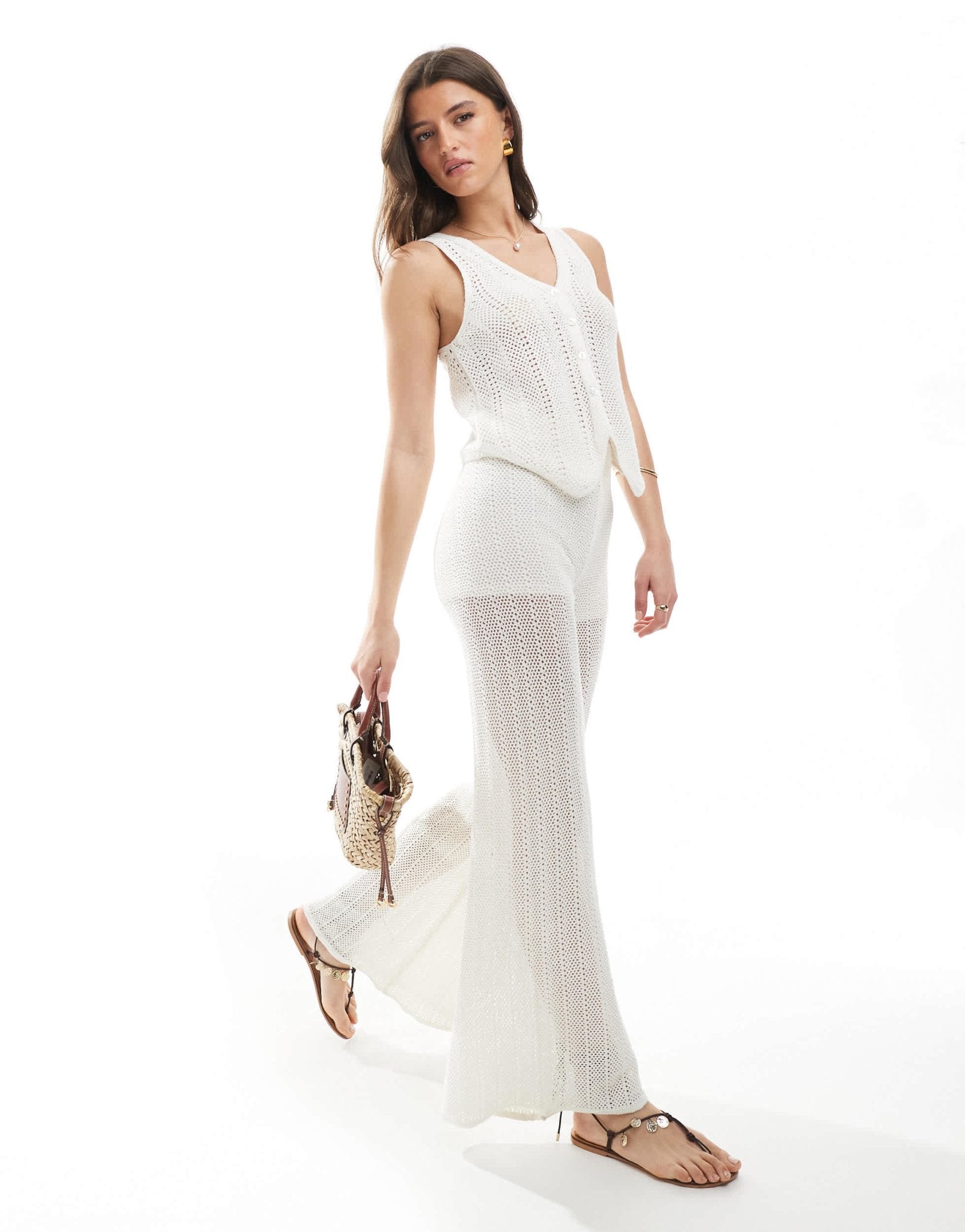 Pull&Bear crochet knitted trouser co - ord in white - ASOS Sample Sale