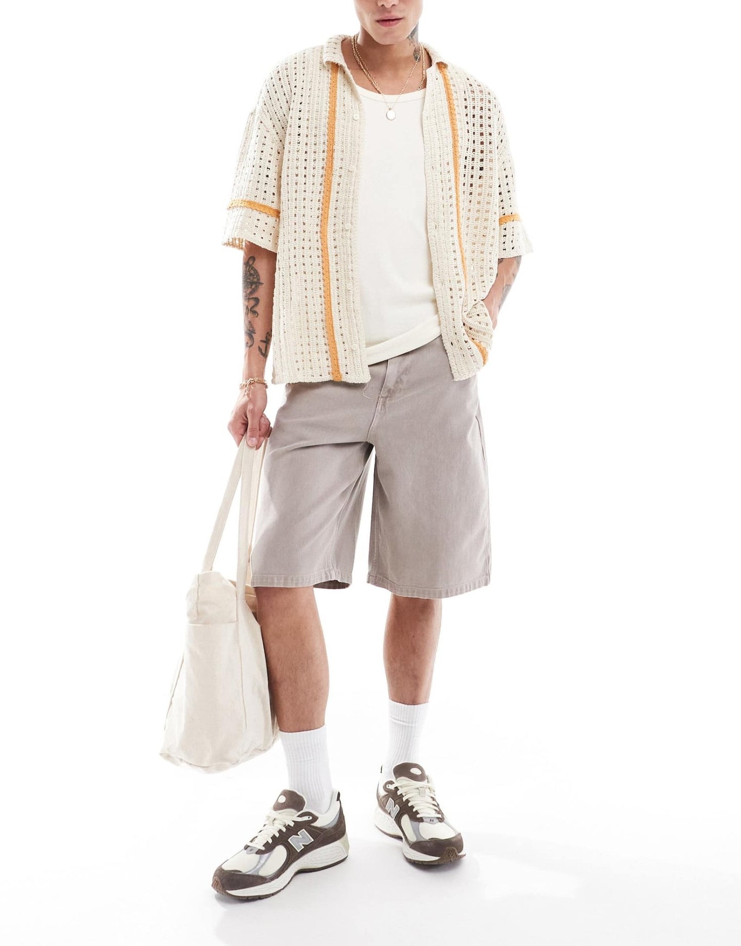 Pull&Bear crochet orange stripe shirt in ecru - ASOS Sample Sale