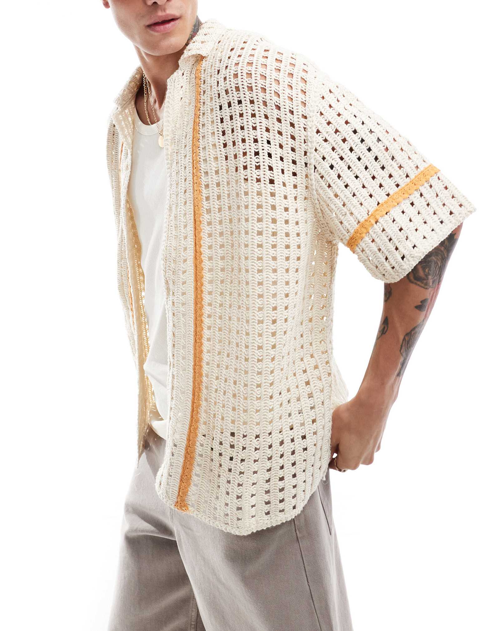 Pull&Bear crochet orange stripe shirt in ecru - ASOS Sample Sale