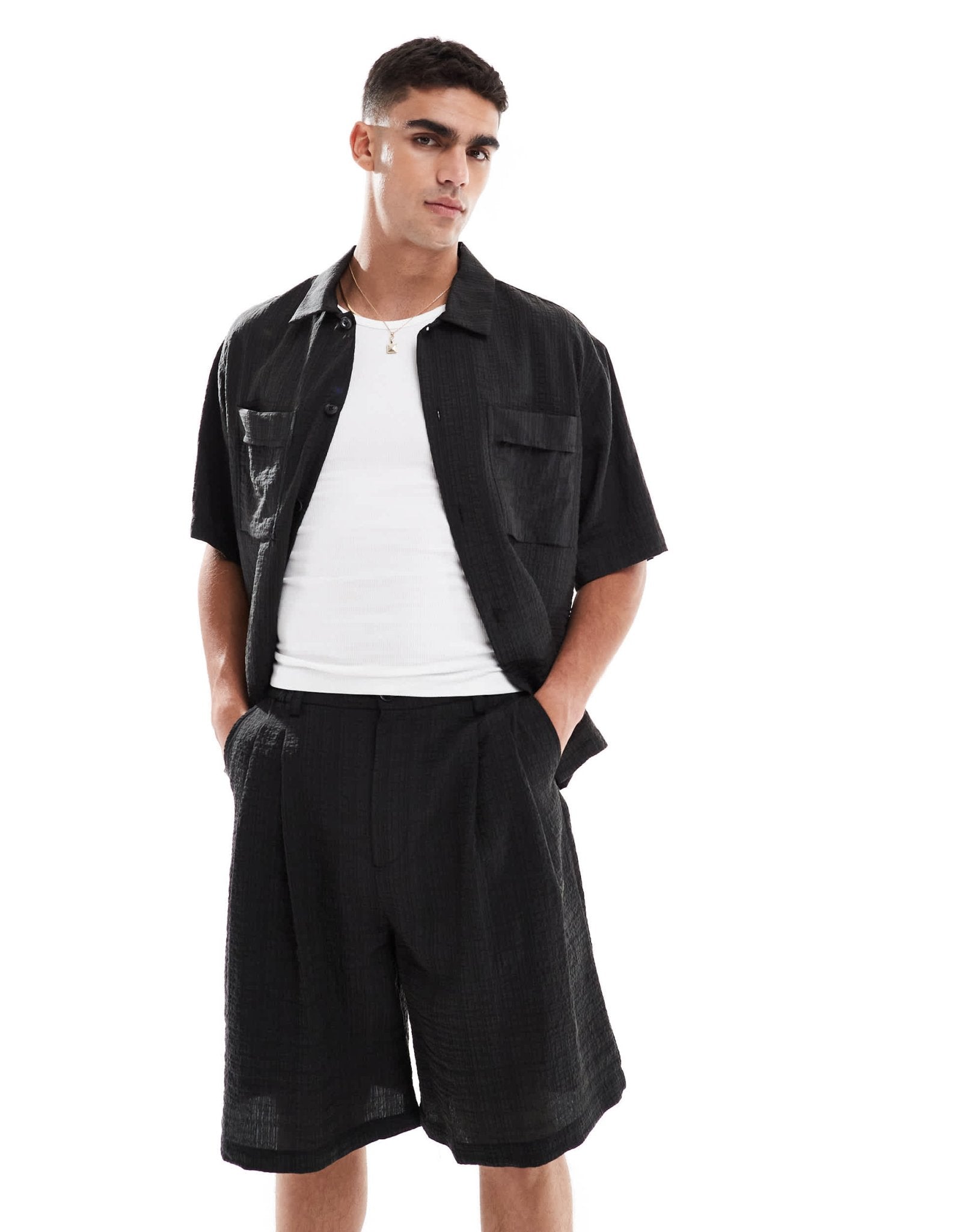 Pull&Bear dart detail seersucker short co-ord in black - ASOS Sample Sale