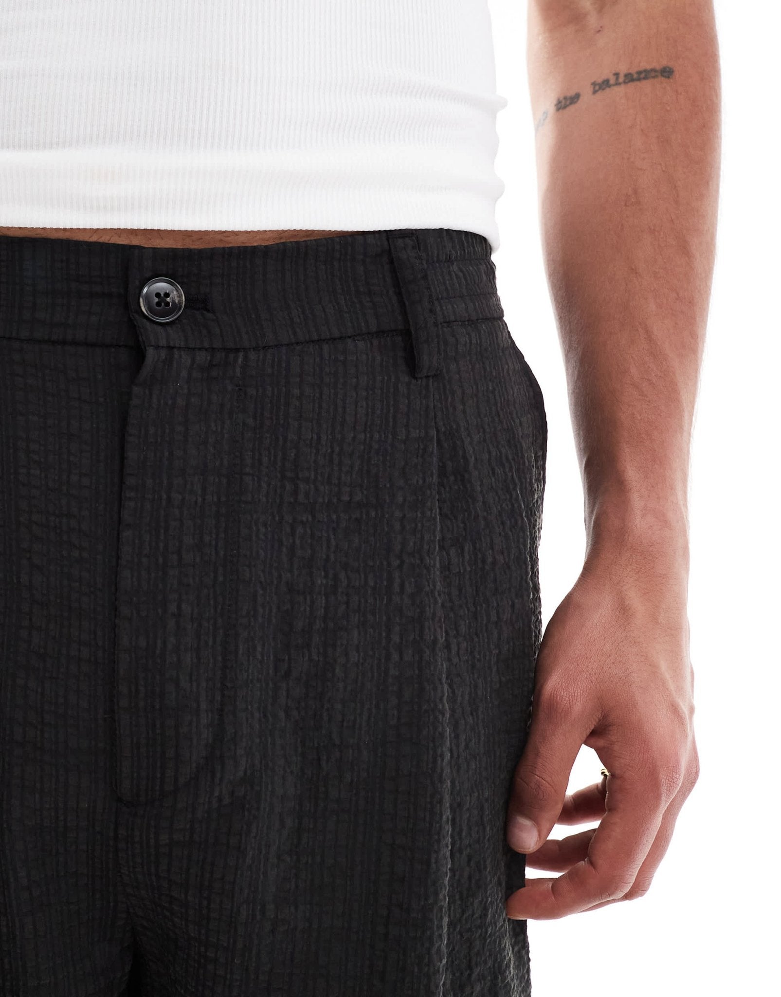 Pull&Bear dart detail seersucker short co-ord in black - ASOS Sample Sale